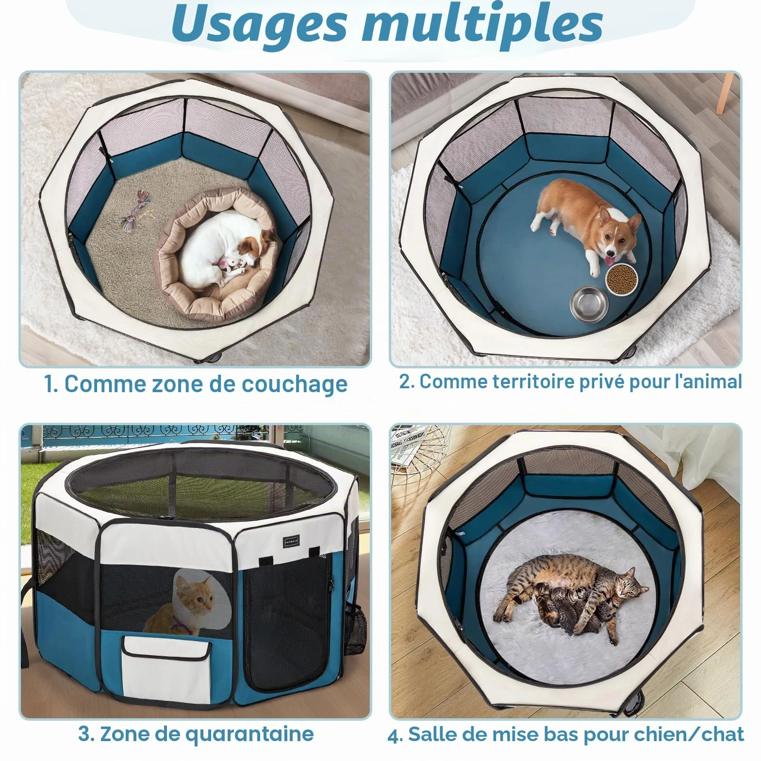 PETSFIT Enclos Pliable pour Petits Animaux 116x106x70 cm Fond étanche Pop-up Anti-Mastication Gris/Bleu