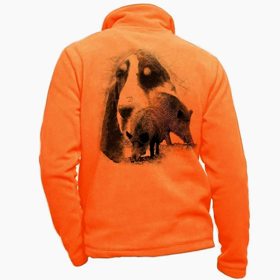 Polaire Chasse Orange personnalisé avec Un Sanglier, Chien Grand Gascon Saintongeois - Habit de Chasse Taille L