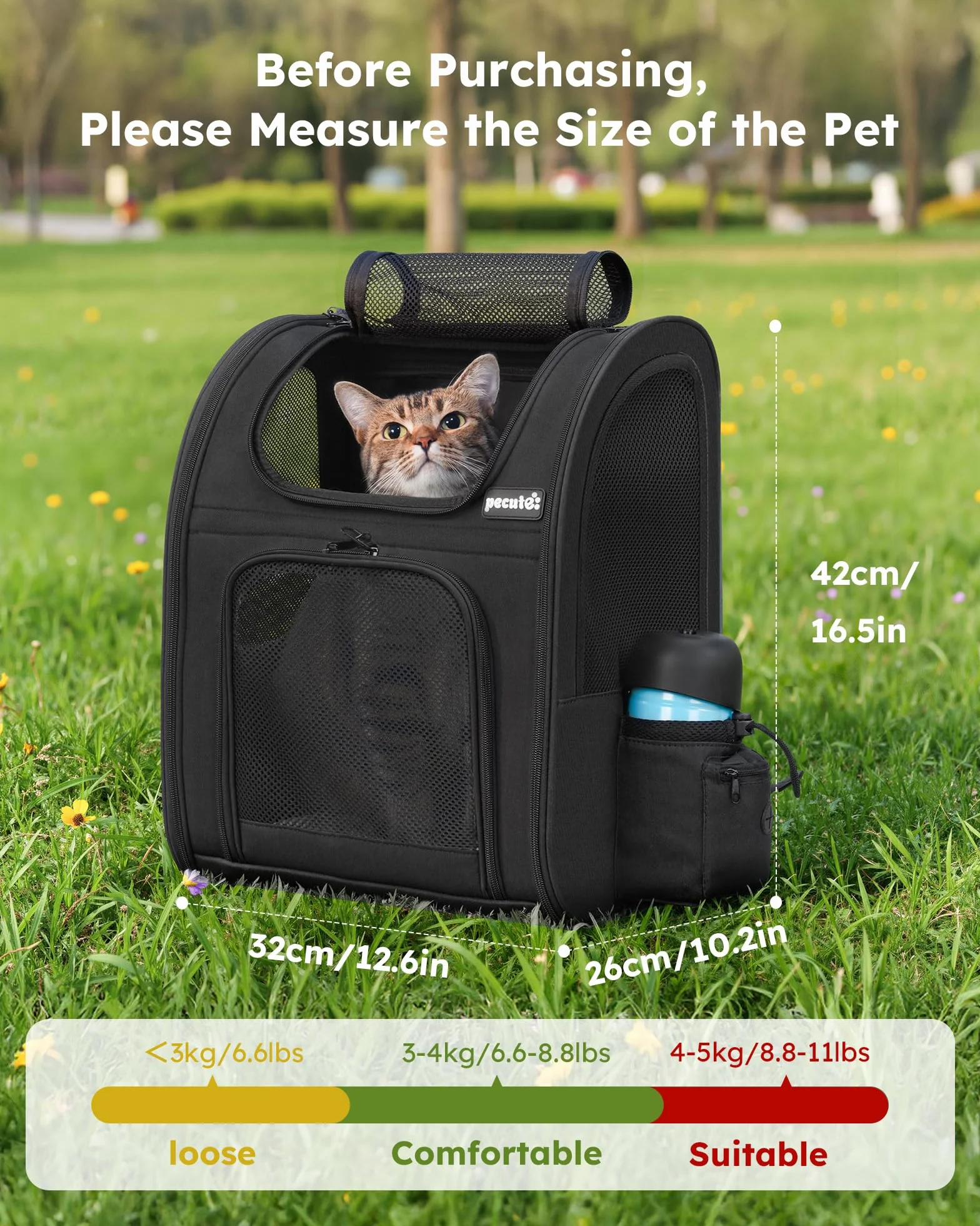 Pecute Sac à Dos Chat Petit Chien Design Classique Respirant Matelas Amovible Voyage Transport