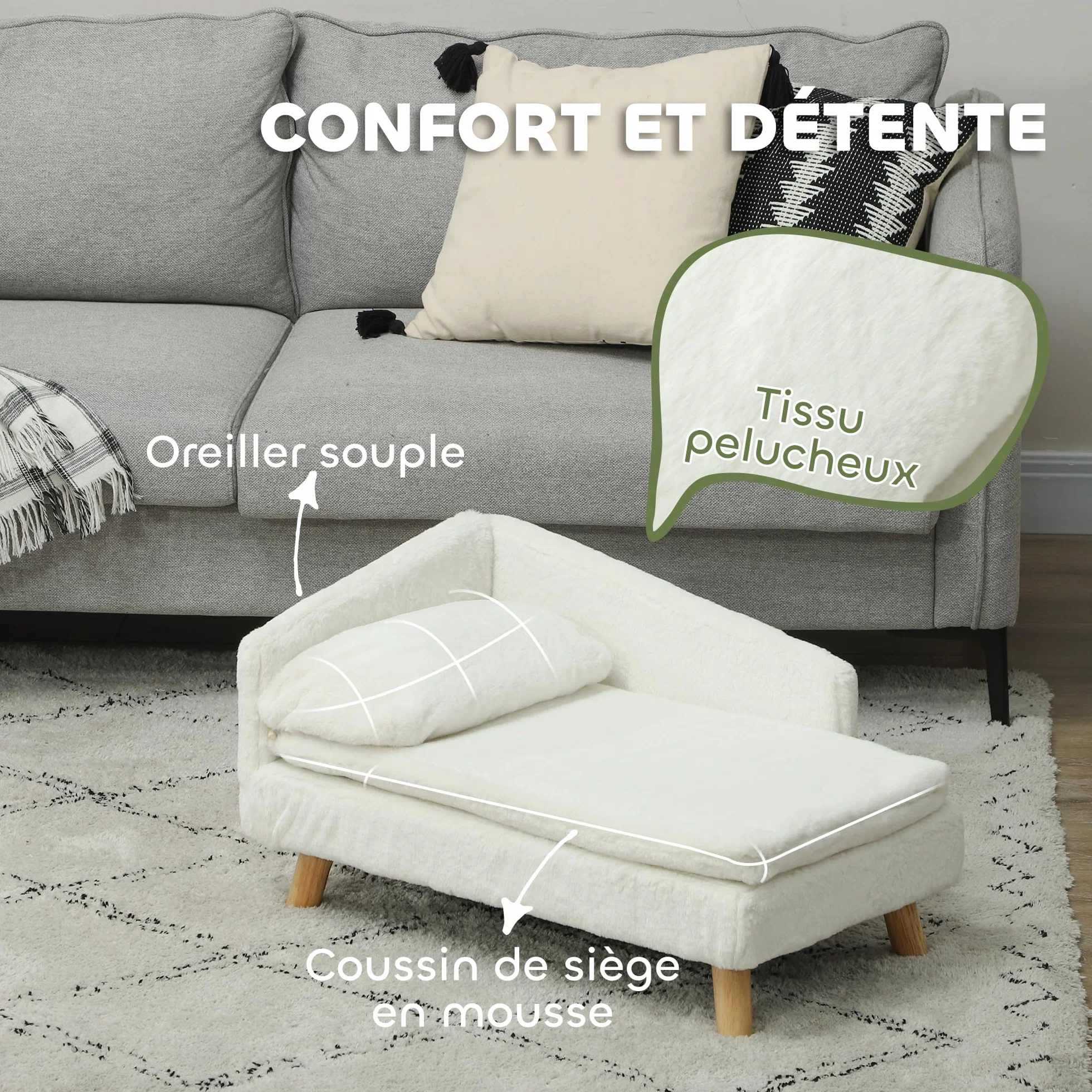 PawHut Canapé pour Chien Lit pour Chien Chat avec Coussin Moelleux Oreiller Housses Amovibles Lavables Peluche 70 x 42,5 x 38,5 cm Crème