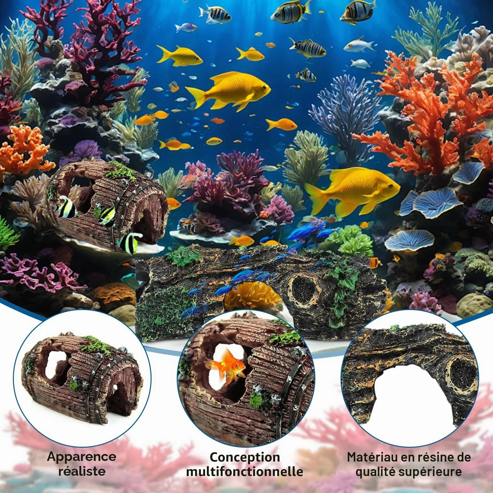 Décoration Aquarium Grain de Bois 3 Pièces, Cachette Sûre Non Toxique pour Crevettes Poissons Petite Moyenne Taille