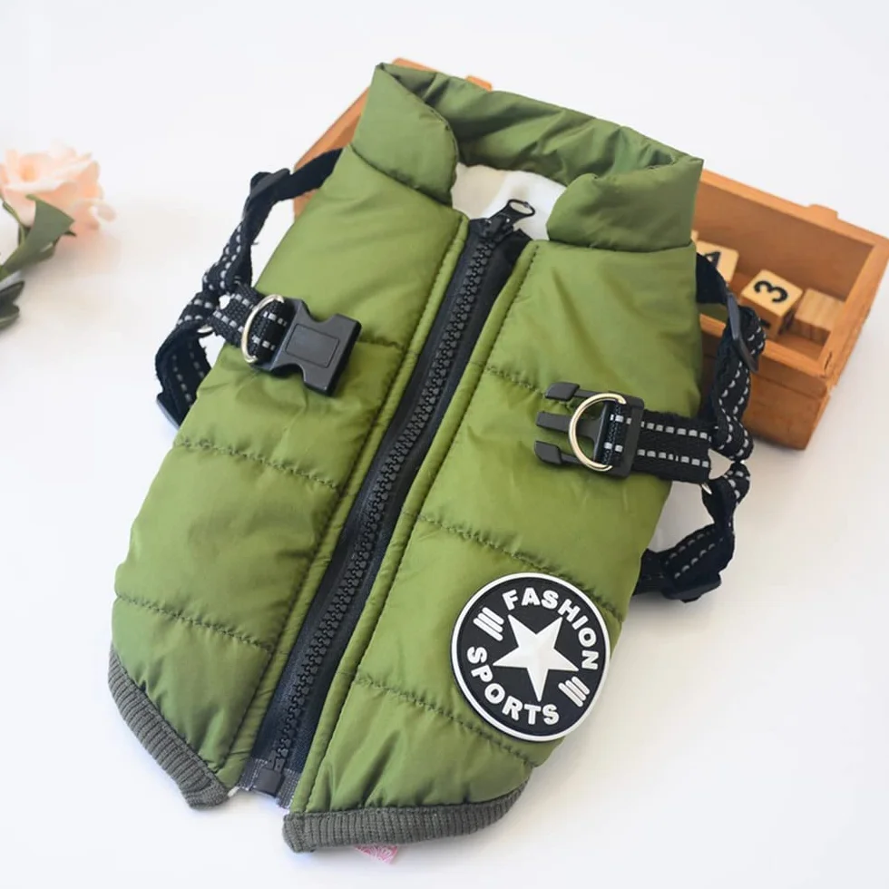Gilet pour Chien - Manteau imperméable - avec Harnais - pour Hiver Chaud et Doux - 12 Couleurs - Vert M
