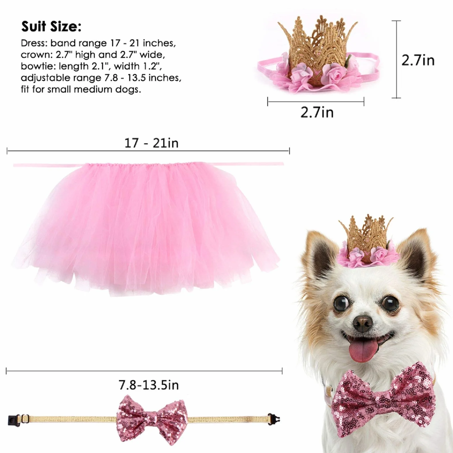 Costume de Chien 3 Pièces Rose Jupe Tutu Couronne Chapeau Paillette Noeud Papillon pour Petits Chiens et Chats