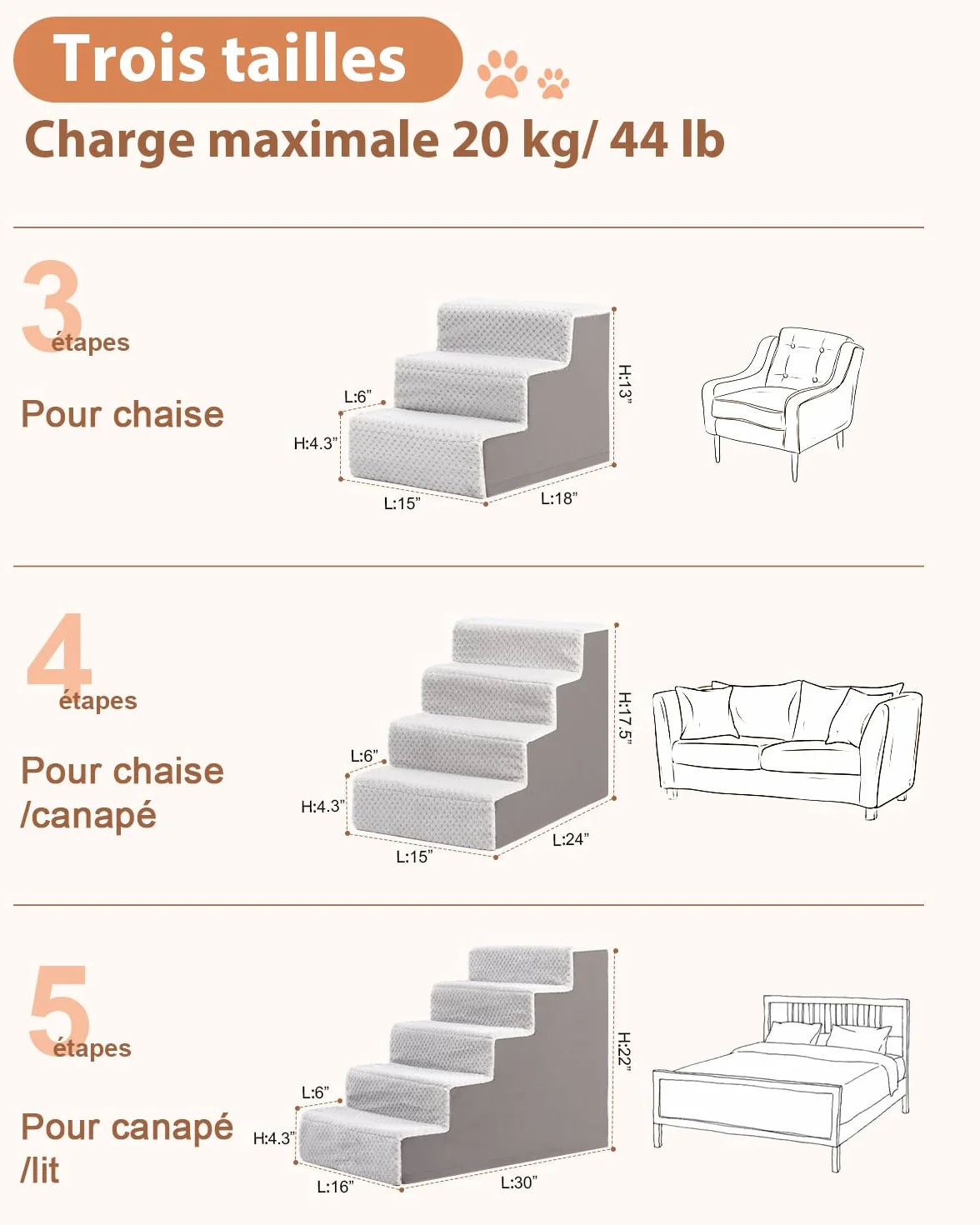 Escalier pour Chien 4 Marches Amovible Lavable Gris pour Chiens Pattes Courtes Âgés