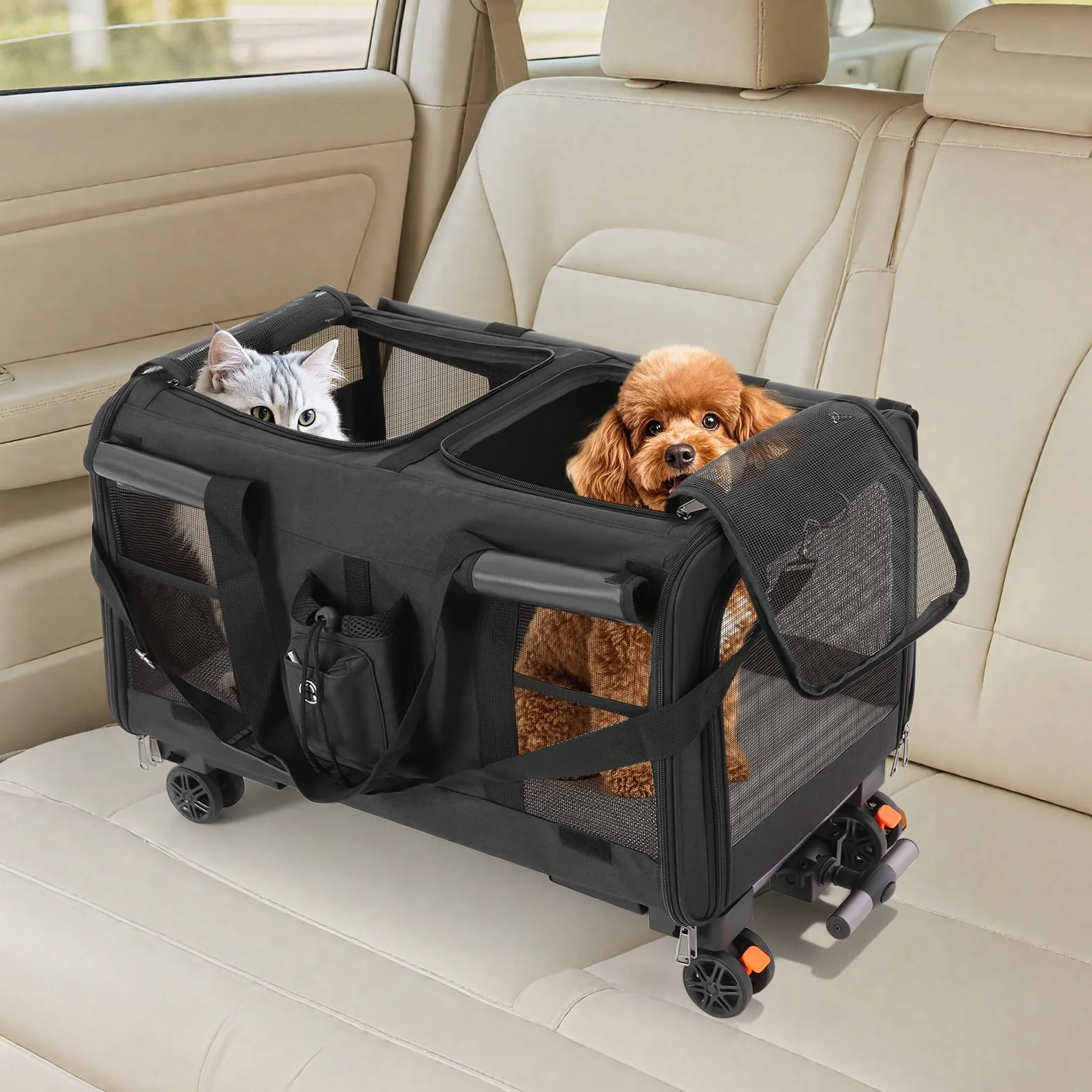 Sac de transport pour chat avec deux compartiments et roulettes, pliable et amovible, pour 2 chats, idéal pour les voyages (noir)