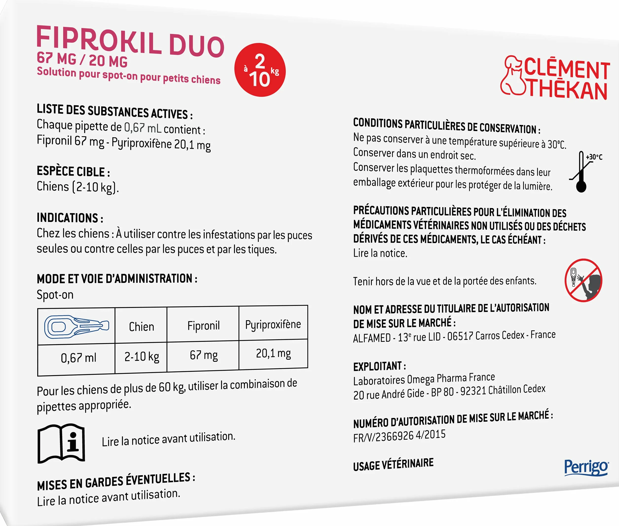 Fiprokil Duo Petits Chiens Clément Thékan (2-10 kg) - Anti-Puces/Tiques - Élimine parasites/Oeufs - Protège Jusqu’à 7 semaines l’Animal et 12 semaines l’Environnement - 4 pipettes Spot on