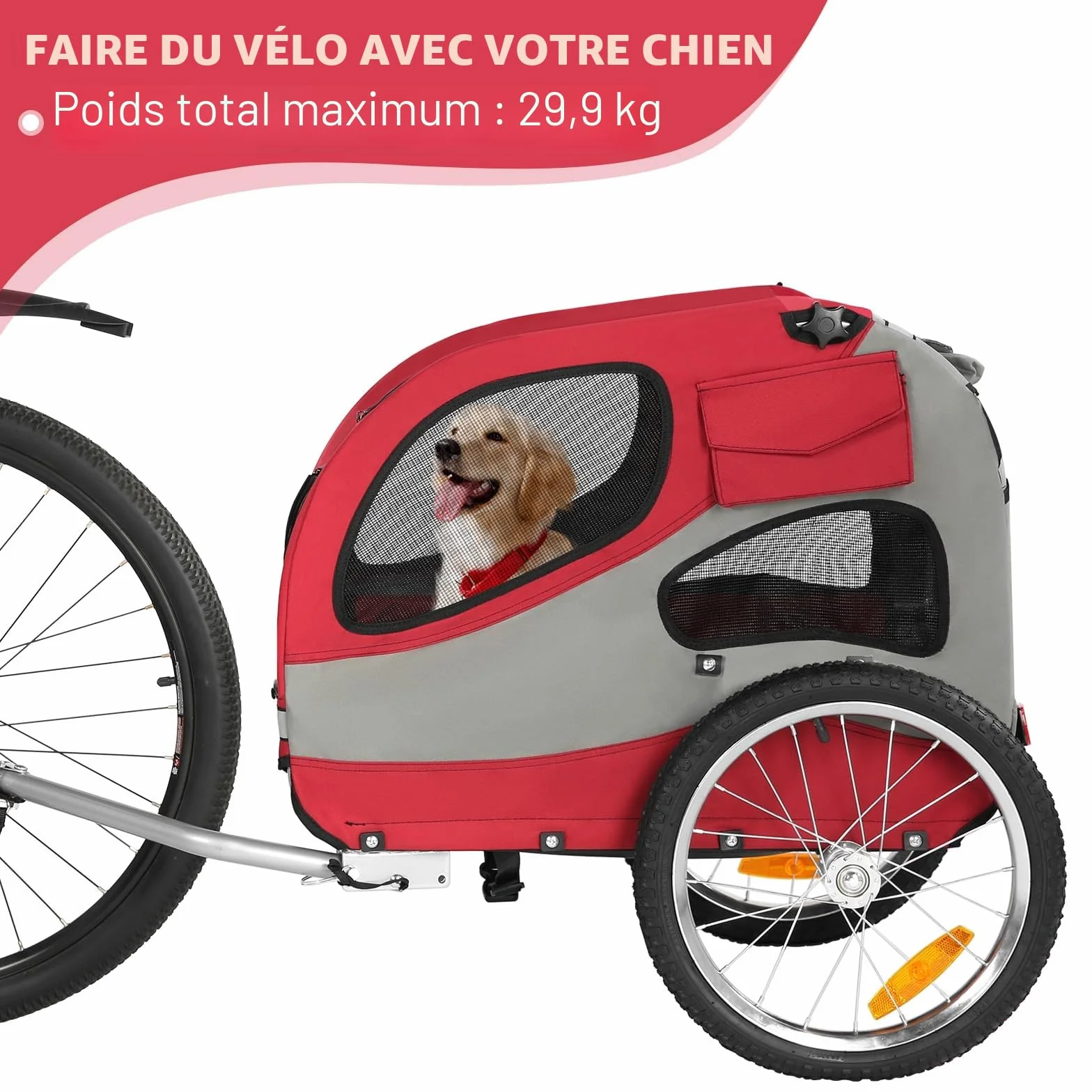 Remorque de vélo Pliable pour Chien avec réflecteurs de sécurité, Sac de Rangement, intérieur rembourré et laisses de sécurité, Transporteur pour Chien jusqu'à 30 kg