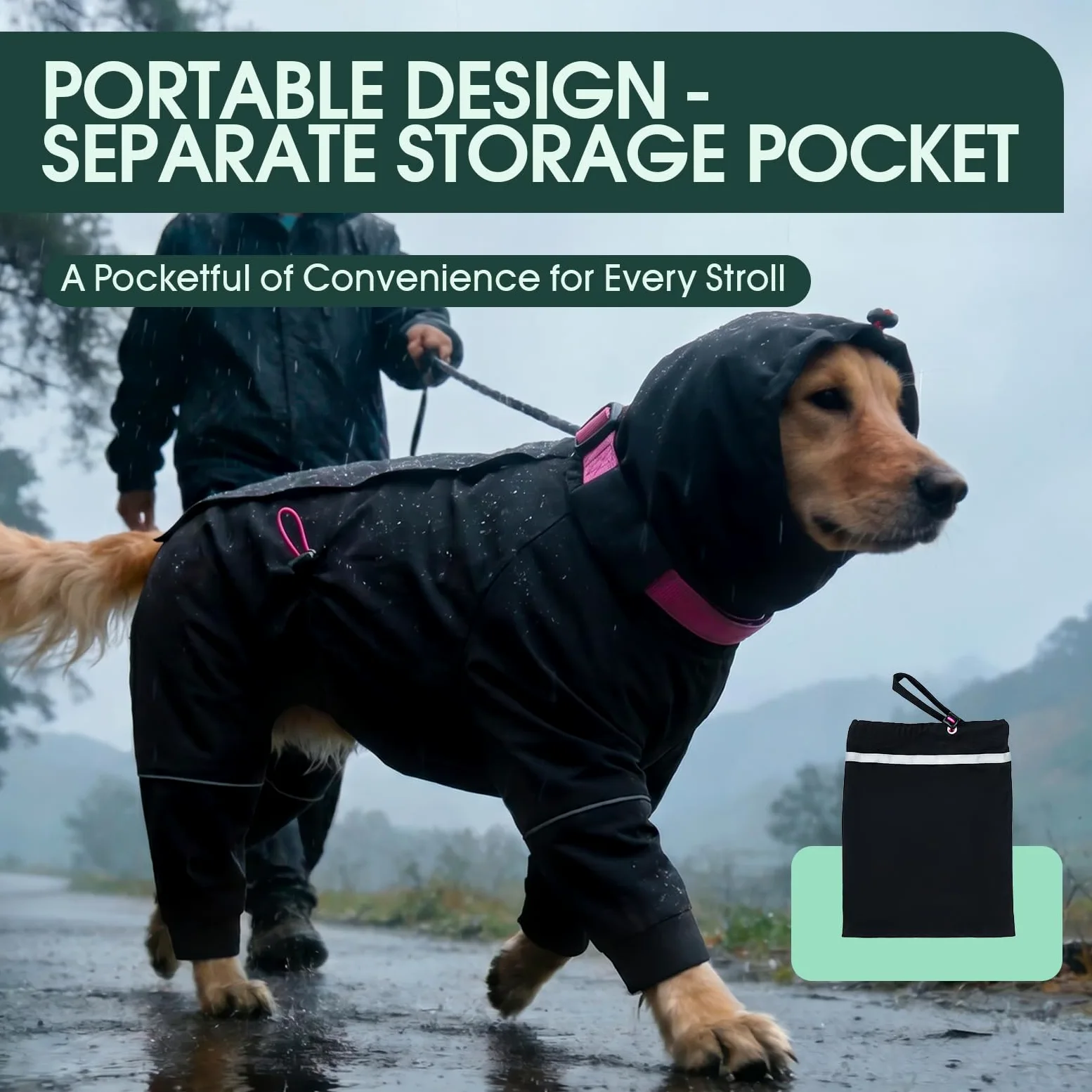 Kuoser Manteau de pluie imperméable pour chien avec capuche réglable Noir Taille XL | Manteau de pluie léger et respirant pour chien avec 4 pattes et col haut réglable réfléchissant