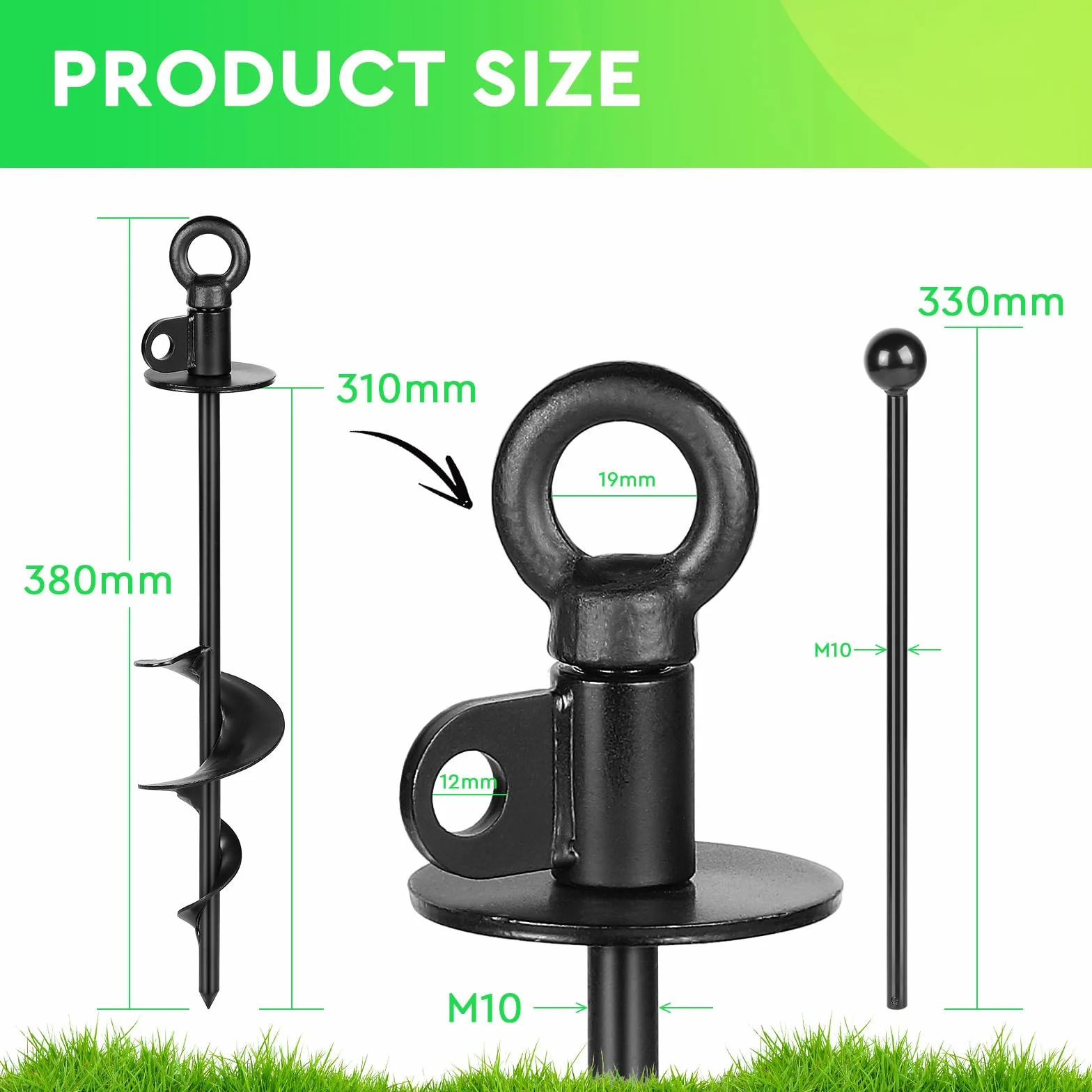 Piquet d'attache pour Chien Noir 38cm avec Anneau Rotatif 360°, pour Chiens Moins de 100kg, avec Brosse et Levier