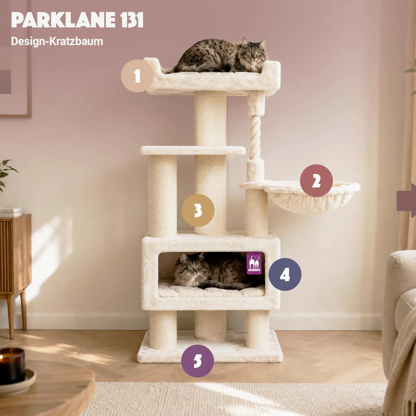Petrebels Arbre à Chat Parklane 131 cm, Couleur Beige/Crème, Design Arbre à Chat avec Hamac