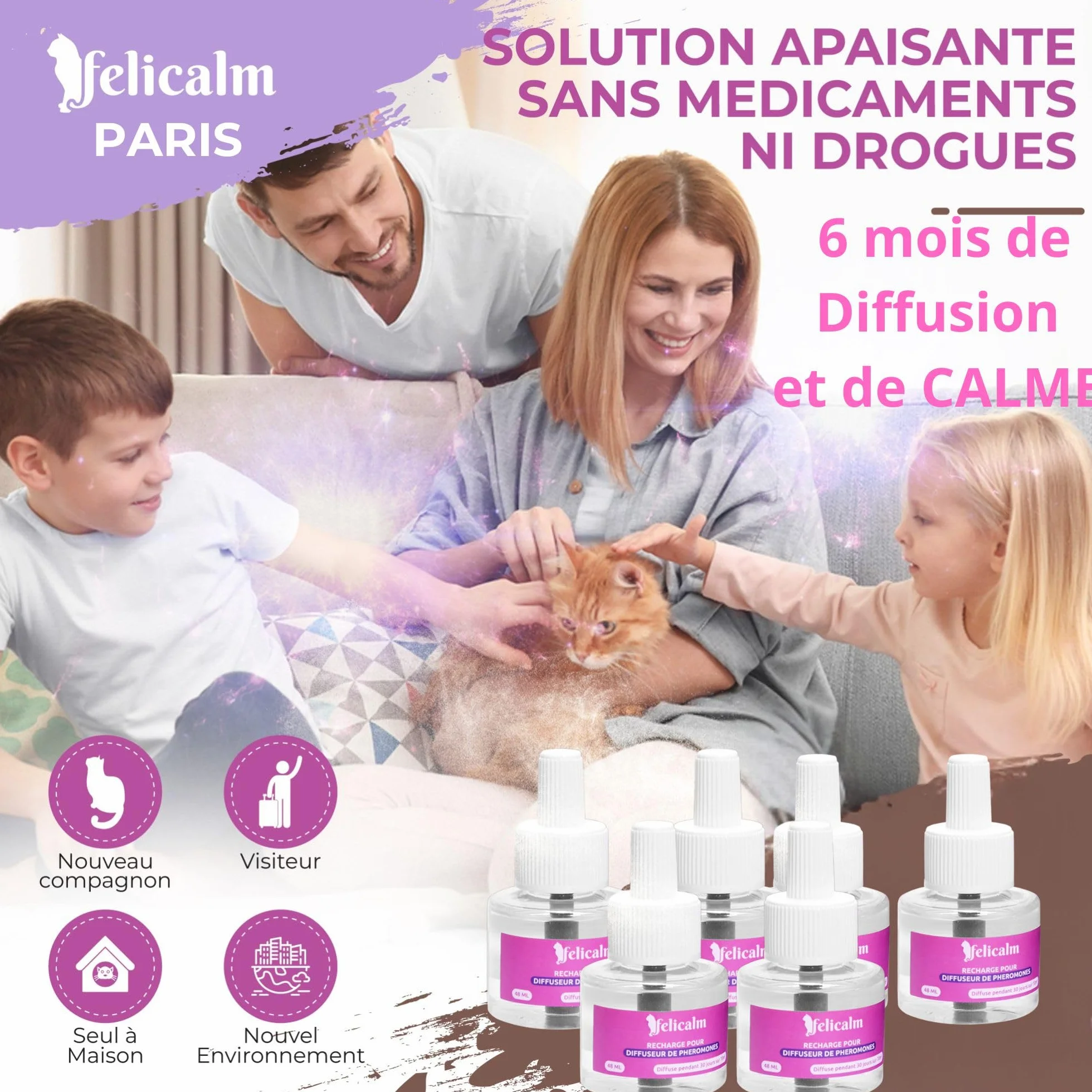 PHEROMONE Anti Stress Pour Chat Paris 6 Recharges 48 ML Calmant
