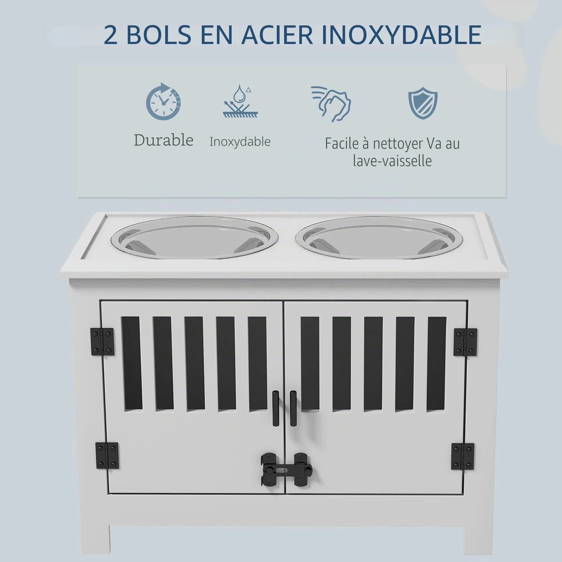 PawHut Grandes gamelles surélevées avec Armoire de Rangement 37L Blanc | Support gamelle surélevée, gamelle nourriture, station alimentation chien