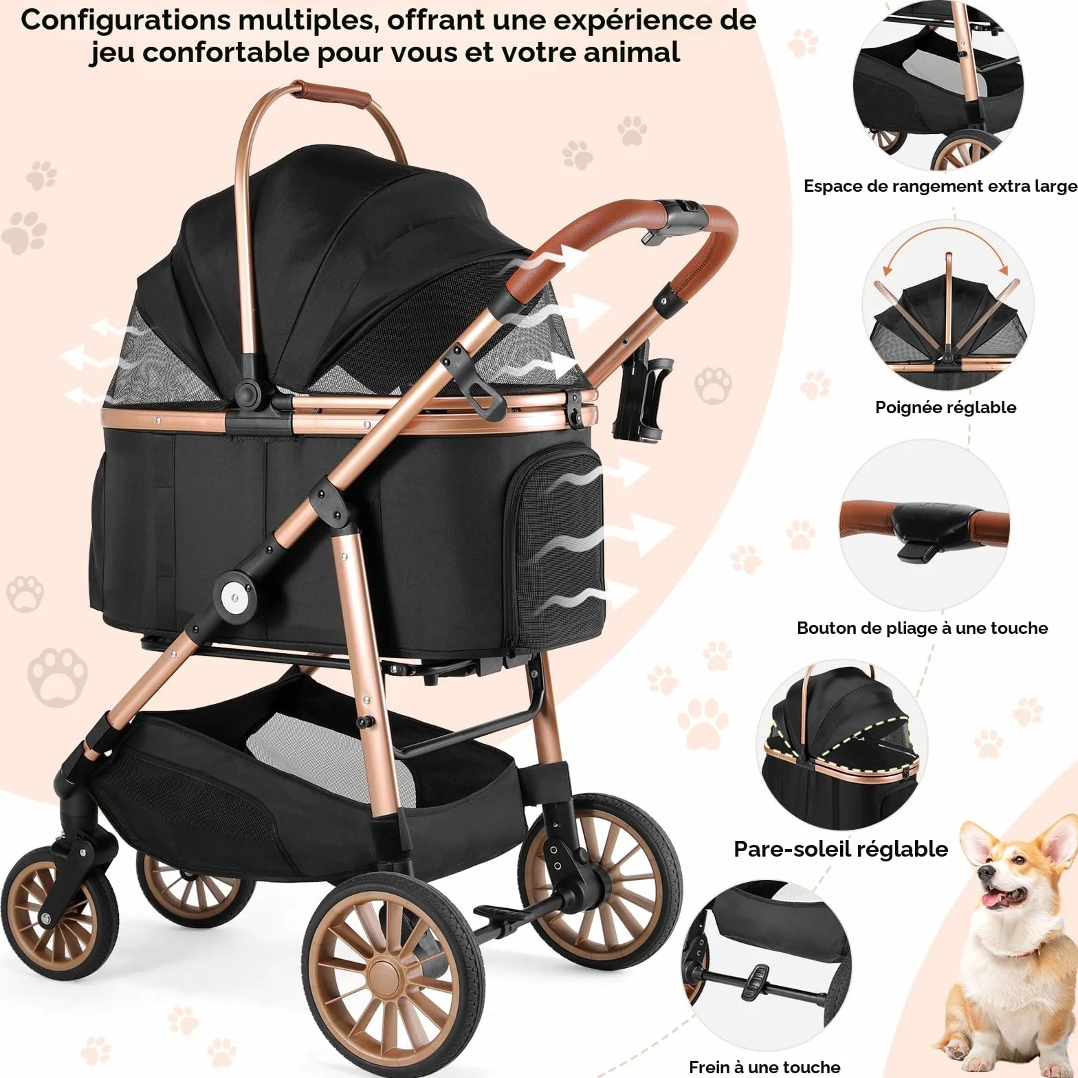 Poussette pour Chien 4 en 1 MAMIZO, Pliable jusqu'à 25 kg, Sac de Transport Pliable, Roues Caoutchouc 360° avec Suspension, Tout Terrain Noir
