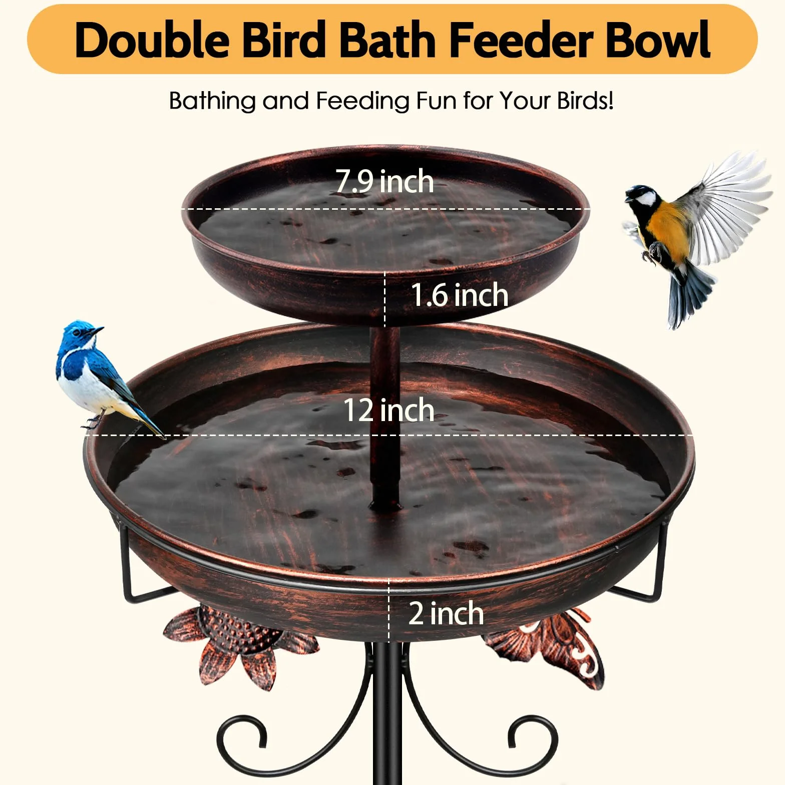Bain d'oiseaux en métal pour l'extérieur, 106,7 cm, double bain d'oiseaux autoportant, mangeoire pour oiseaux pour extérieur, jardin, terrasse, cour, pelouse, base améliorée à 5 dents (bronze