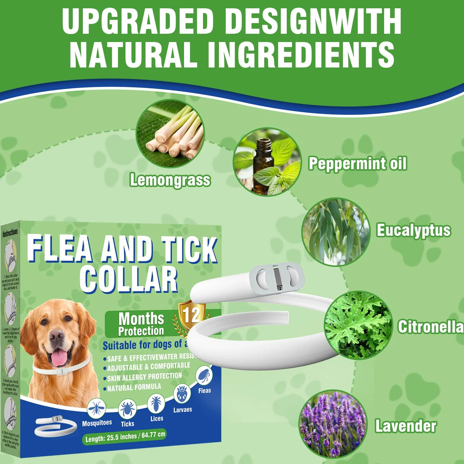 Collier Anti Puces pour Chien, Collier Réglable Résistant à l'eau, 12 Mois Protection (2 Pack)