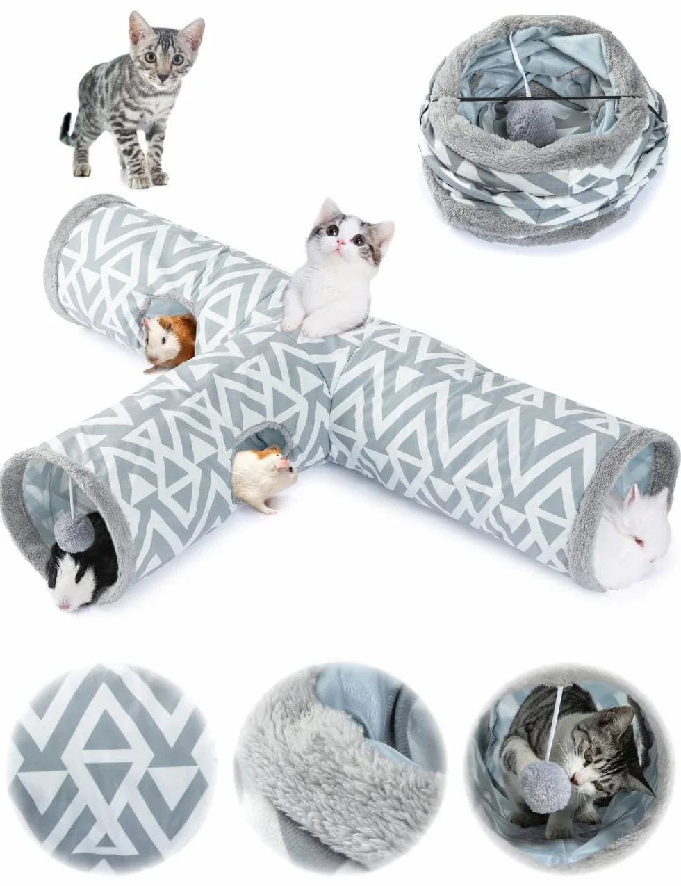 JanYoo Tunnel pour Chat et Lapin - Tunnel de Jeu en Peluche 3 Voies - Jouet pour rongeurs Trou d'espionnage interactif - Ø 26 cm - Gris