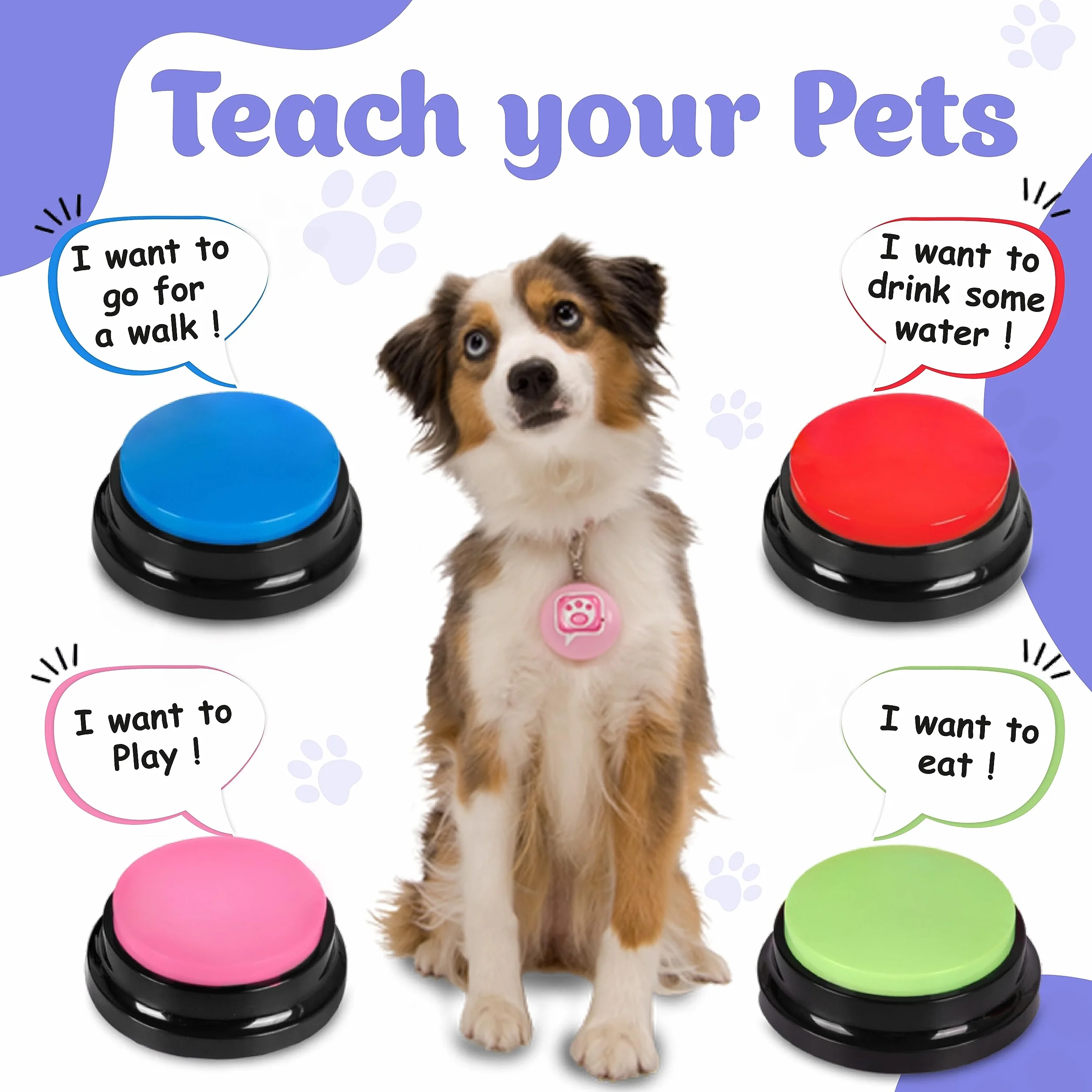 SUHSAI buzzers enregistrables pour pour Animaux de Compagnie Buzzer pour Chien avec Fonction d'enregistrement de 30secondes Outil de Communication pour Animaux Bouton pour Chiens et Chats-Paquet de–4