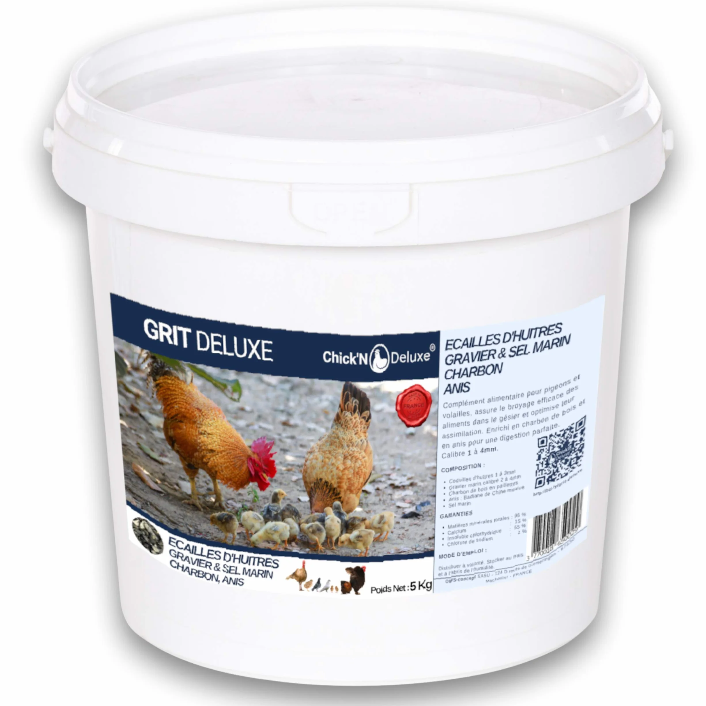 Chick'N Deluxe® Grit Deluxe 5kg Complément Alimentaire Pigeons Volailles Minéraux Charbon Actif Anis Digestion Coquille d'oeuf