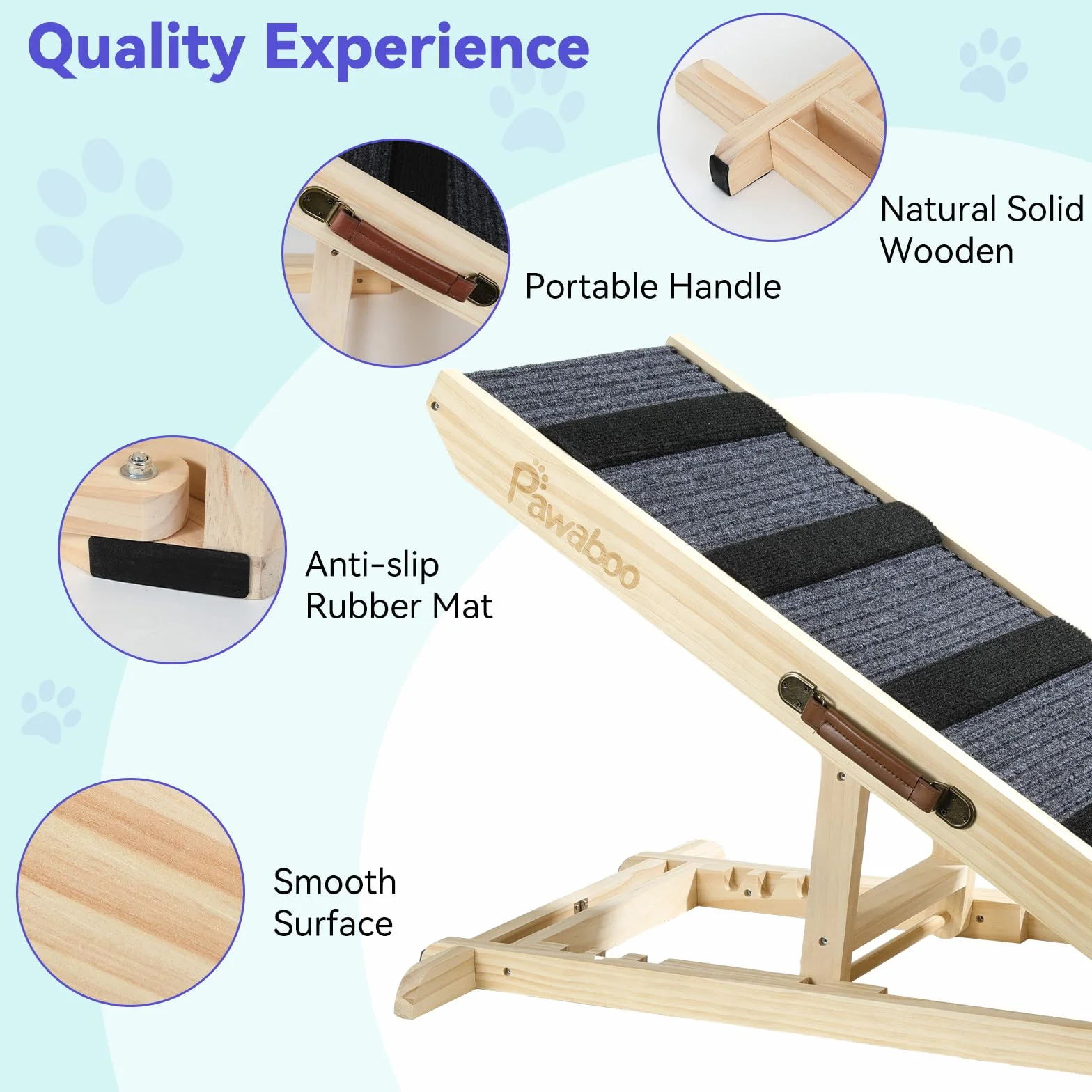 Pawaboo 100 * 40cm Rampe Portable en Bois, Escalier Adjustable pour Chien avec 4 Hauteurs Réglables de 11,6'' à 22,4'', Rampe pour Chien Chat à 143lbs pour Canapé Auto Lit, Extra Large, Bois