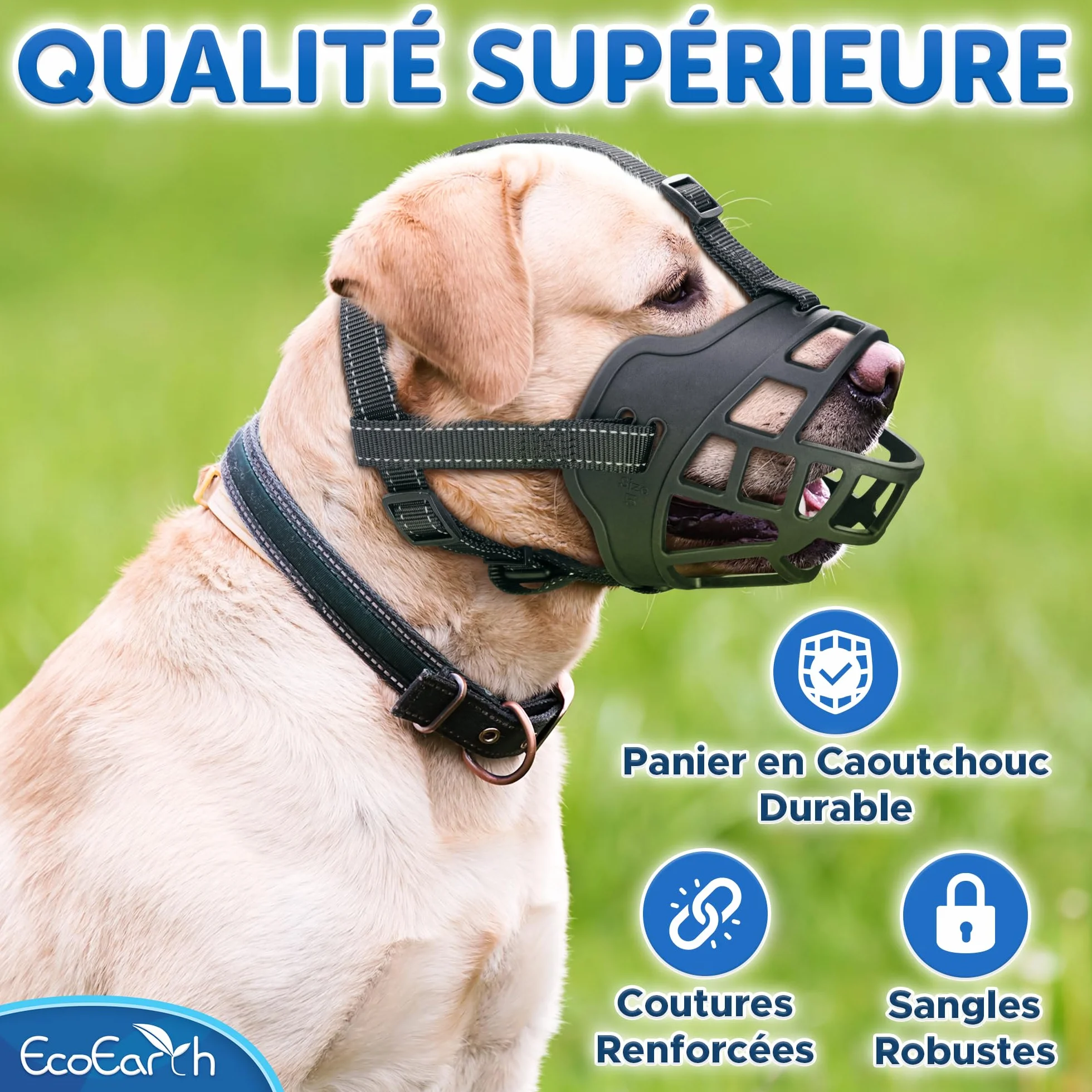 EcoEarth Muselière pour Chien - Muselière Panier Durable pour Chiens de Grande Taille - Grande, Noire - Protège-Dents réglable et Respirant pour empêcher Les morsures et Les aboiements