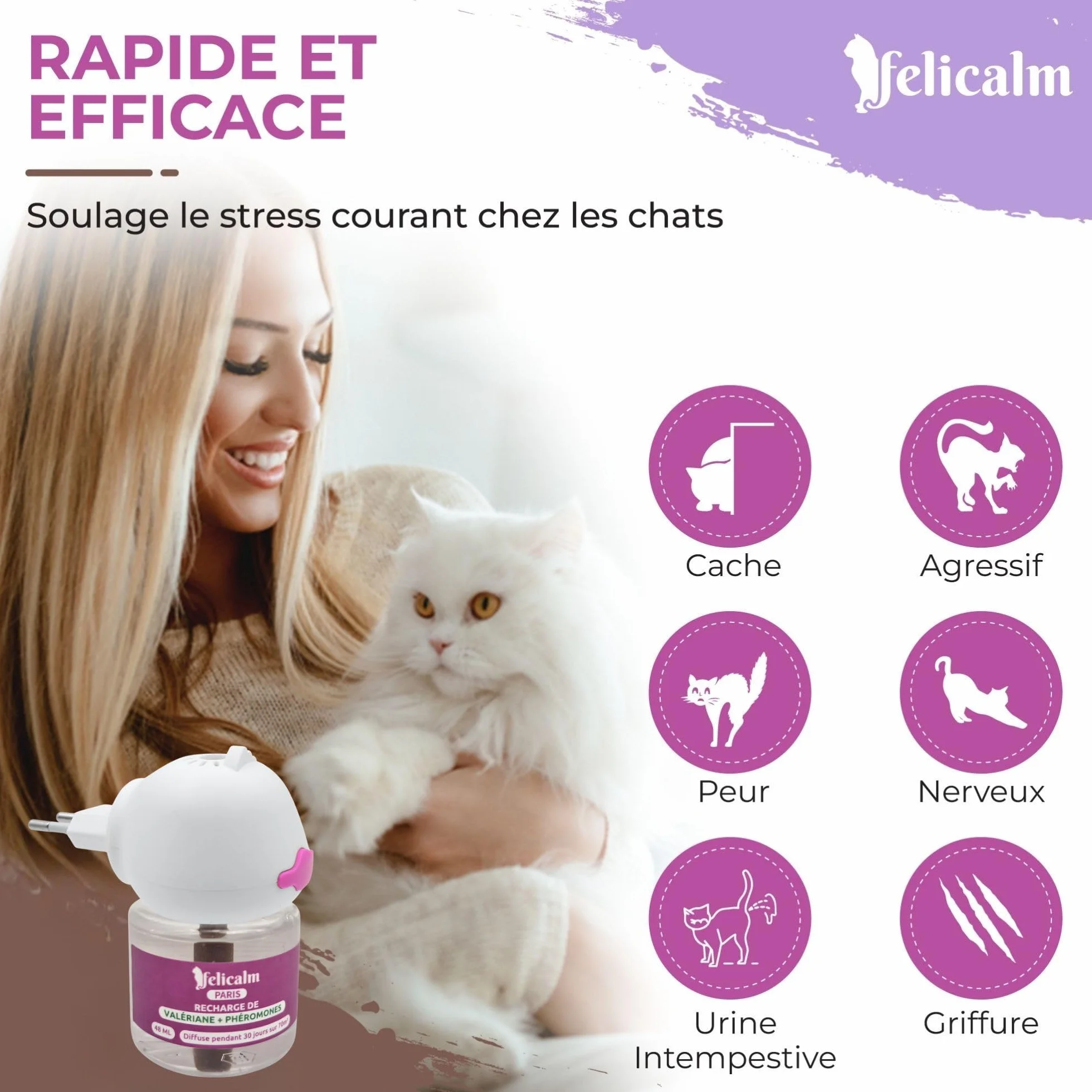 Diffuseur Chat Valériane Phéromones sans Odeur Double Action Apaisante 2 Recharges 60 J