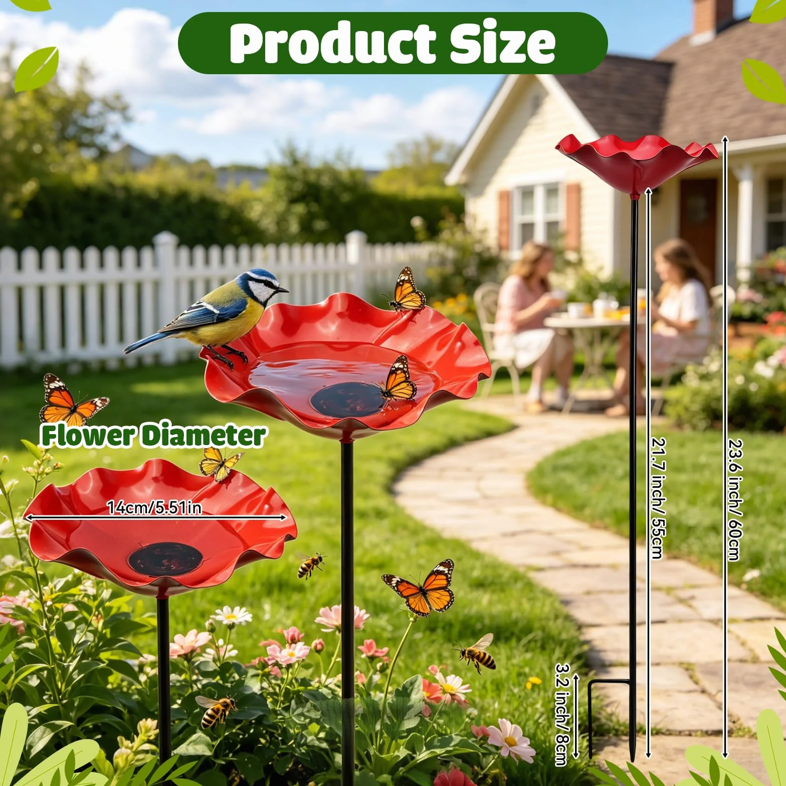Bain d'Oiseaux sur Tige en Métal, Abreuvoir Fleur pour Oiseaux Extérieur, Fontaine avec Point d'Eau pour Abeilles, Décor Jardin Métal 65 cm