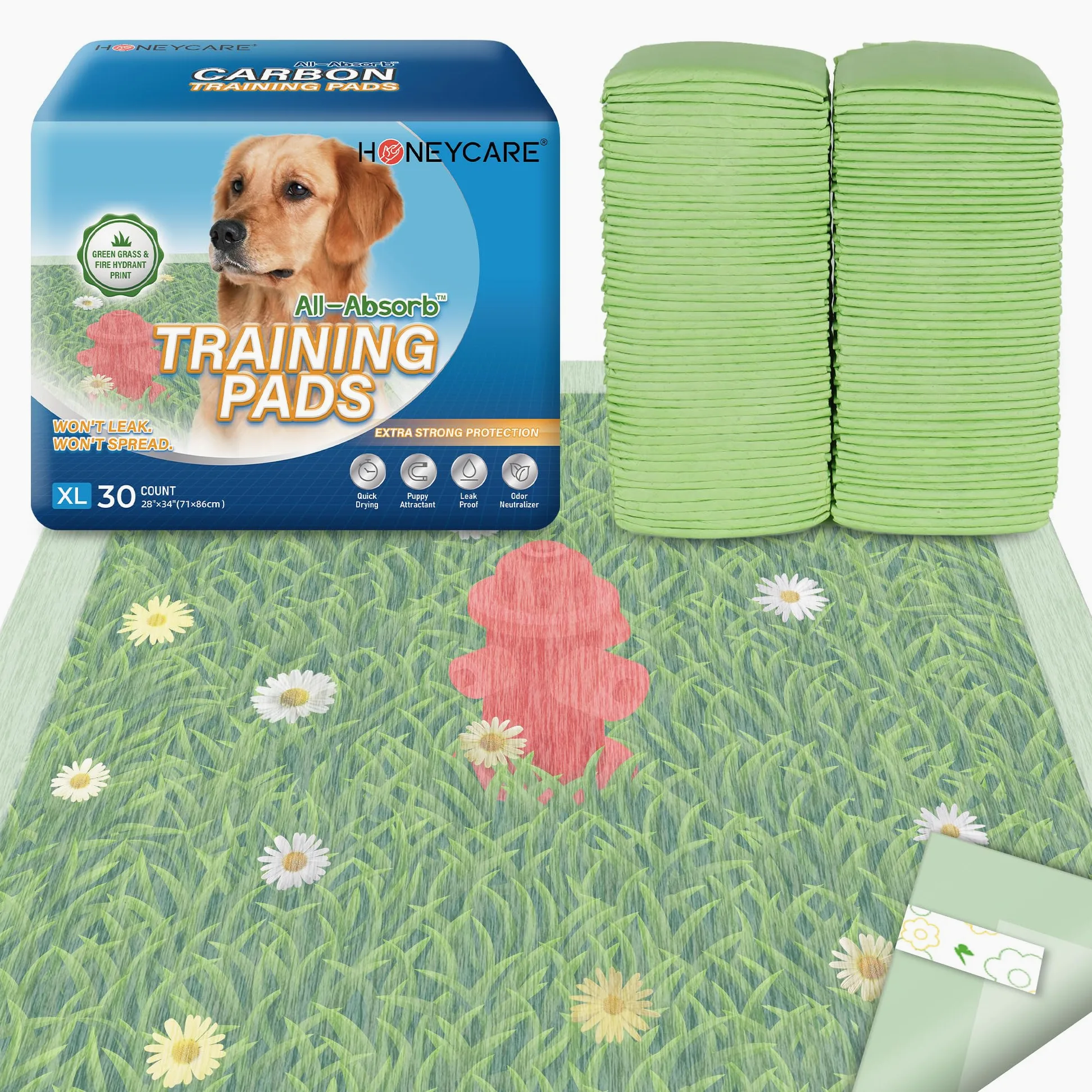 HONEYCARE Lot de 30 Tapis de Dressage pour Chien avec Impression Herbe et Bouche d'incendie, éliminant Les odeurs d'urine – Tapis d'urine pour Chien XL (30 pièces, 71,1 x 86,4 cm)