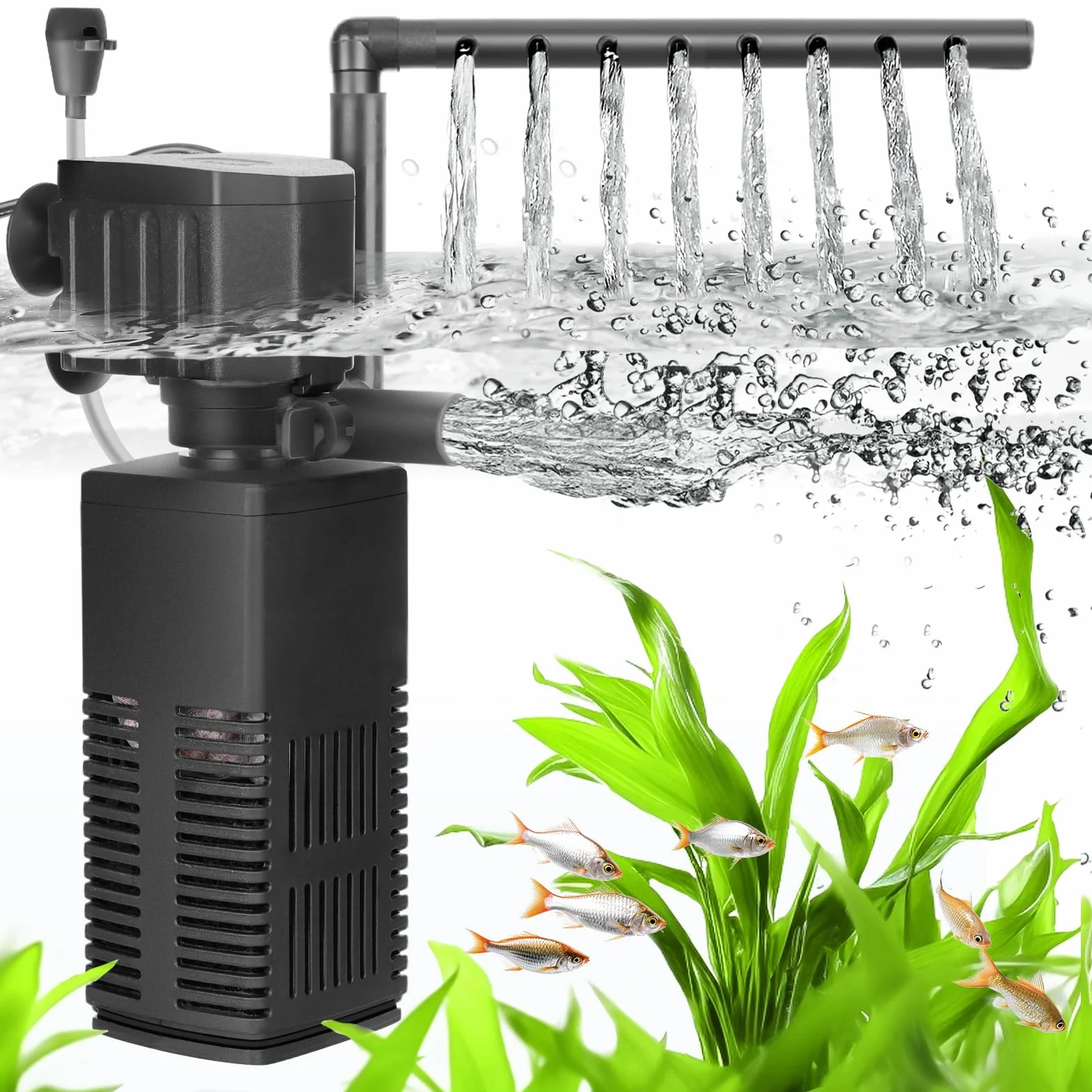 AQQA Filtre Aquarium 4 en 1 Pompe Silencieuse 450L/H Débit Réglable Filtre Intérieur pour Réservoir 120L