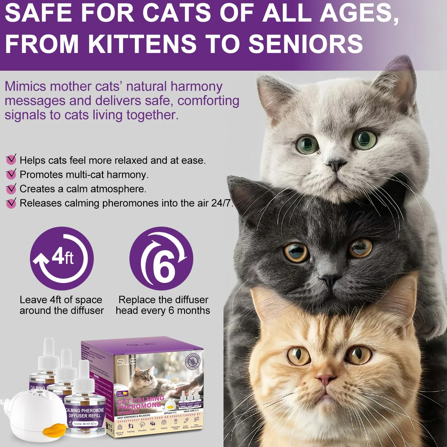 SLE Diffuseur de Phéromones Calmantes pour Chat 3 Recharges Anti-Stress