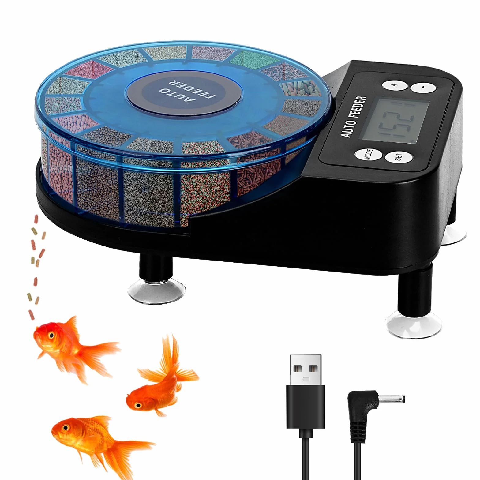 Podazz Distributeur Automatique de Nourriture pour Poissons pour Aquarium avec Minuterie Rechargeable et Affichage LCD - 15 Flux d'alimentation