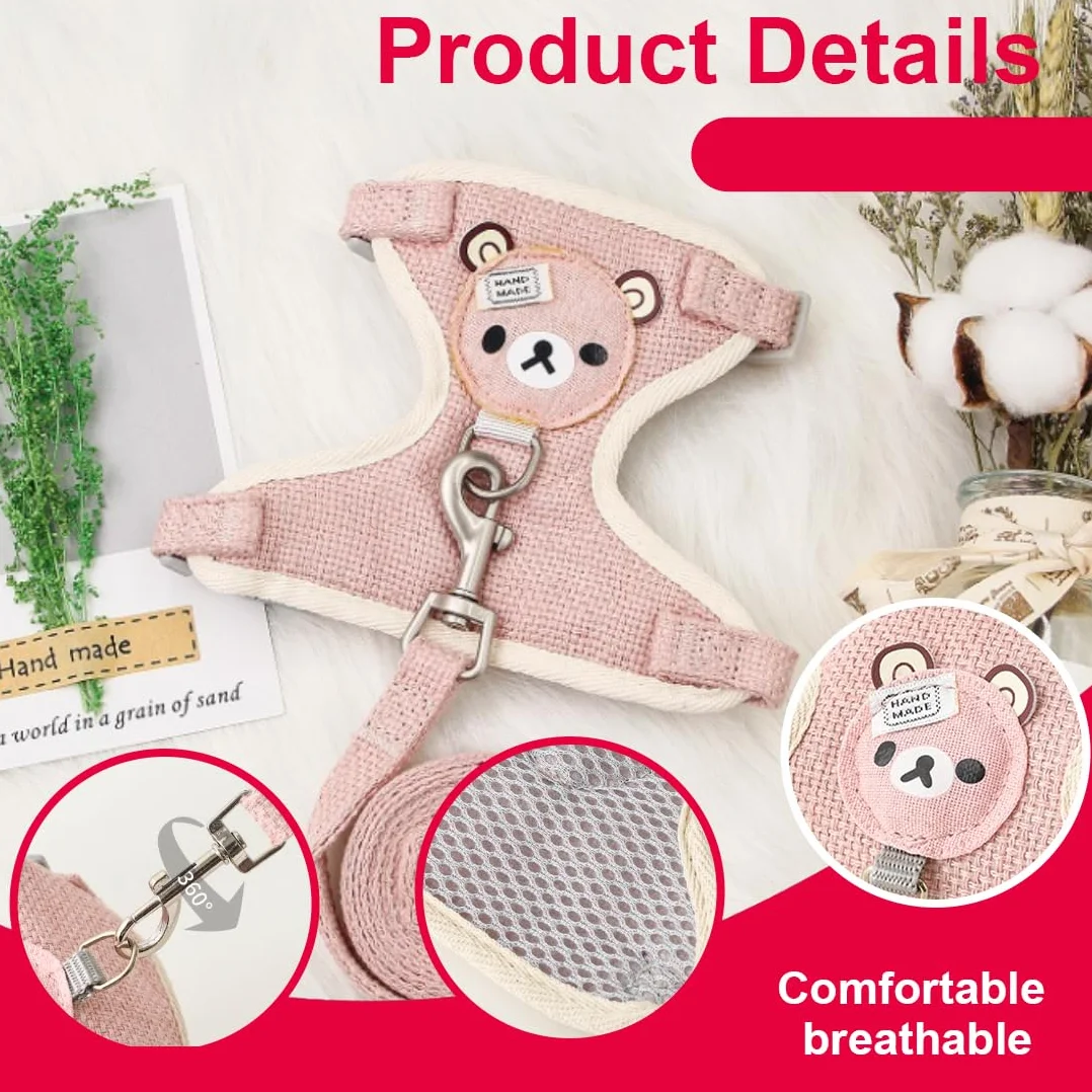 laisse pour lapin, harnais avec laisse, accessoires de lapin, 120 cm, réglable, respirant, pour 1-1,5 kg (rose)