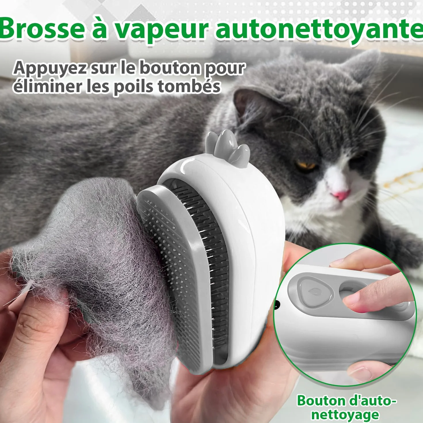Brosse Vapeur pour Chat Rechargeable Autonettoyant Toilettage Animaux