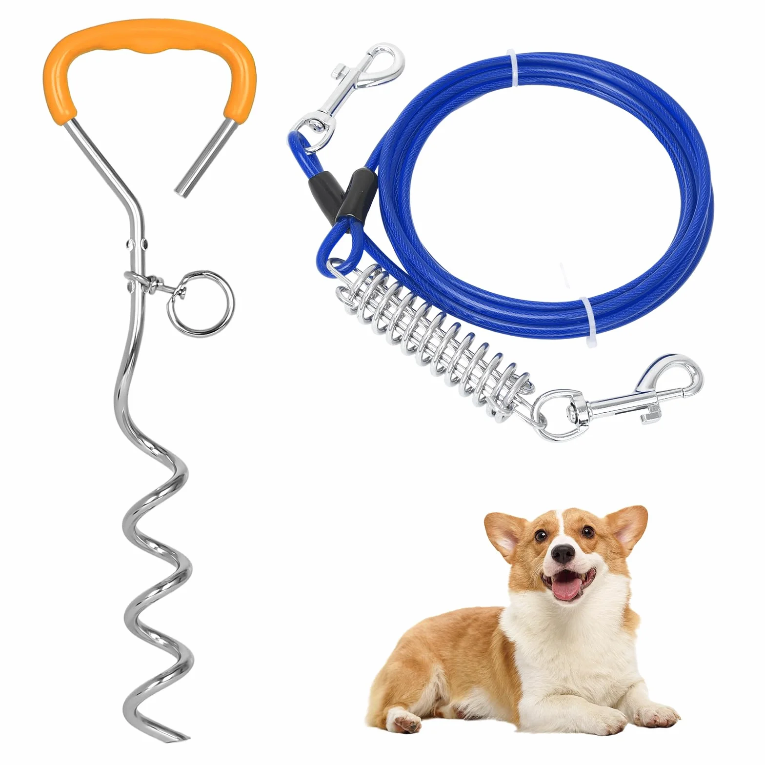Ancrage au sol pour chien - 42 cm x 9 mm - Robuste et durable - Avec crochet rotatif et ressort absorbant les chocs - Pics pour chien en spirale - Pour jardin, plage, pelouse, extérieur (bleu)