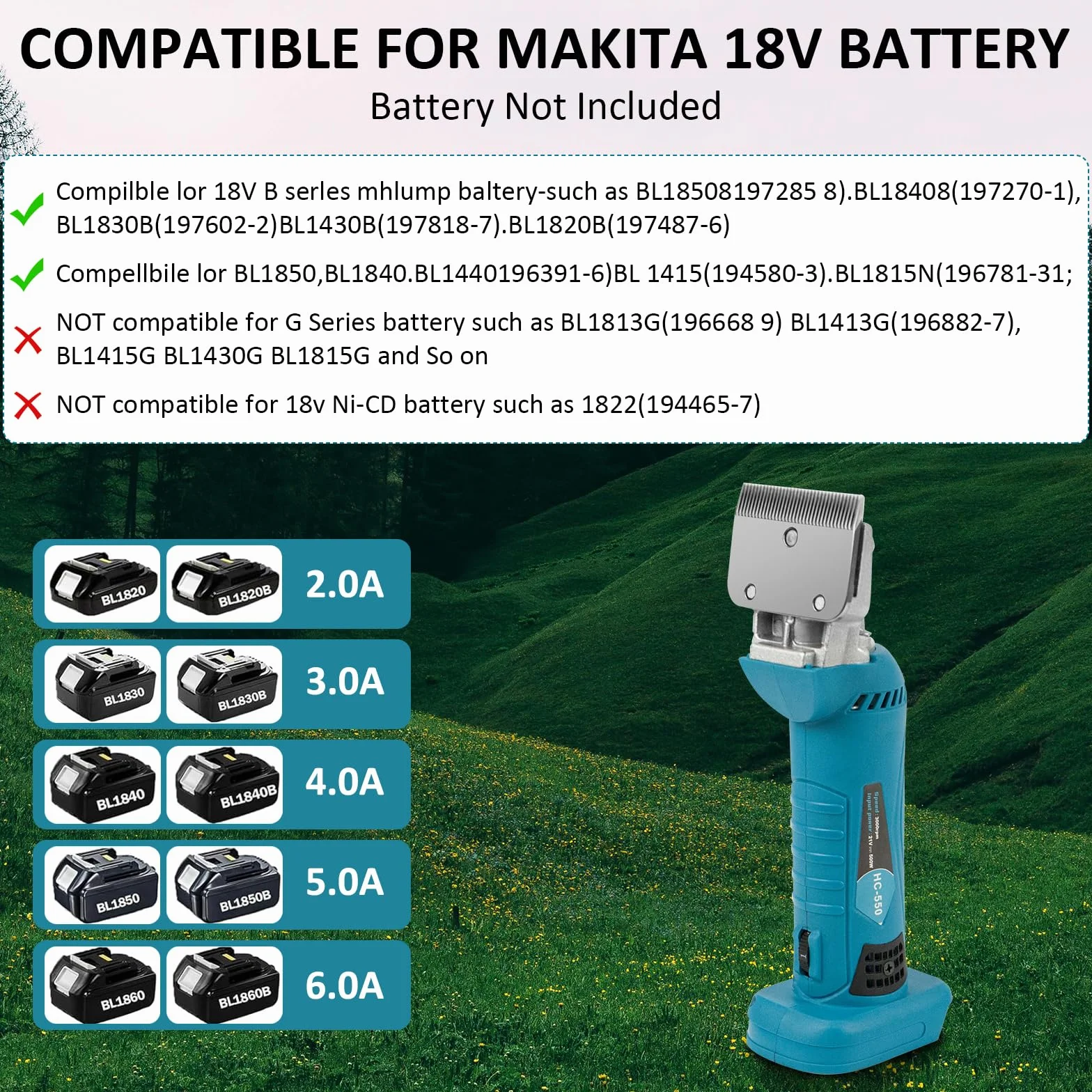 Tondeuse pour Chevaux sans Fil Compatible Makita Batteries, 6 Vitesses, 35 Dents