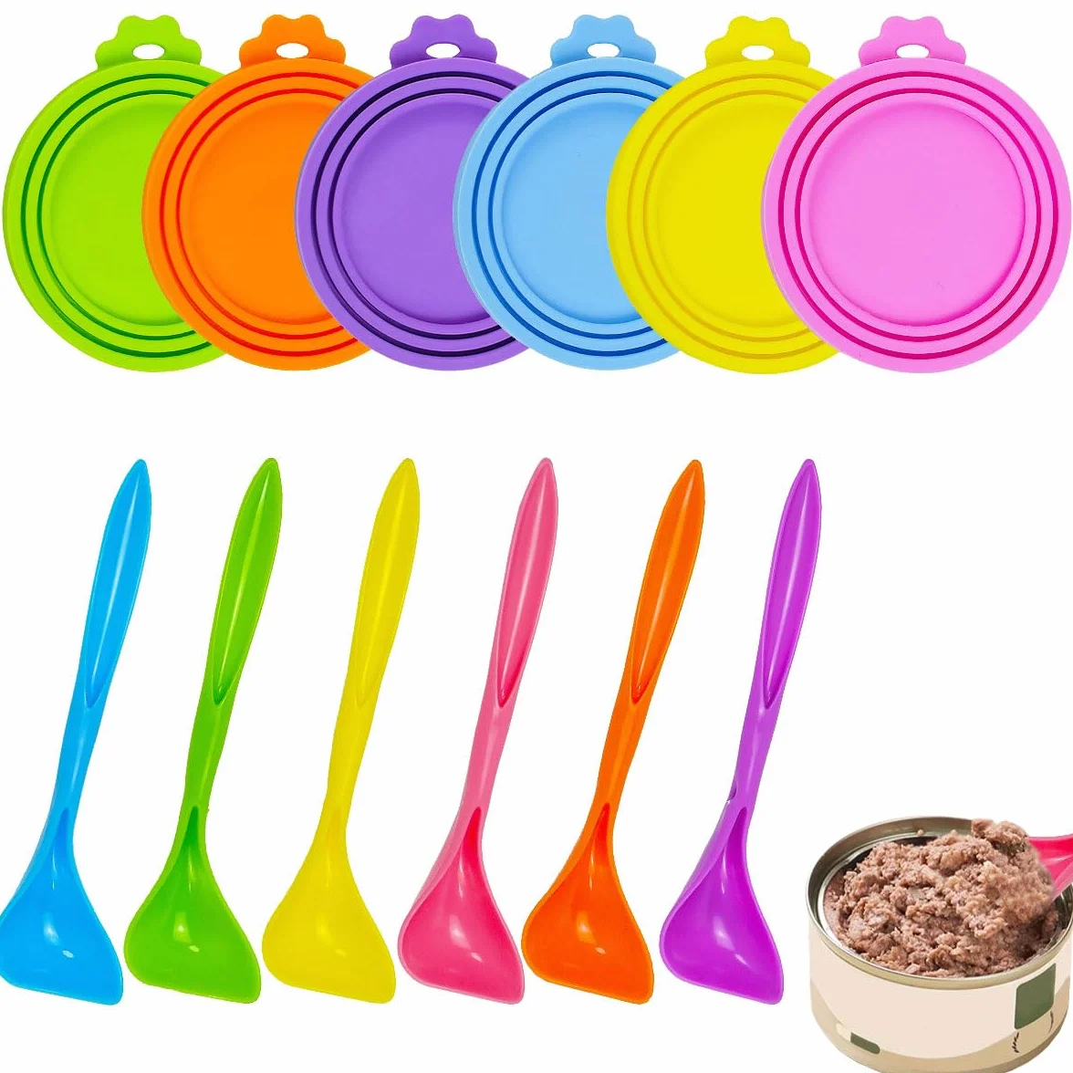 Lot De 6 Couvercles De Boîte De Nourriture pour Chat avec 6 Cuillères en Silicone 70g 85g 200g 400g