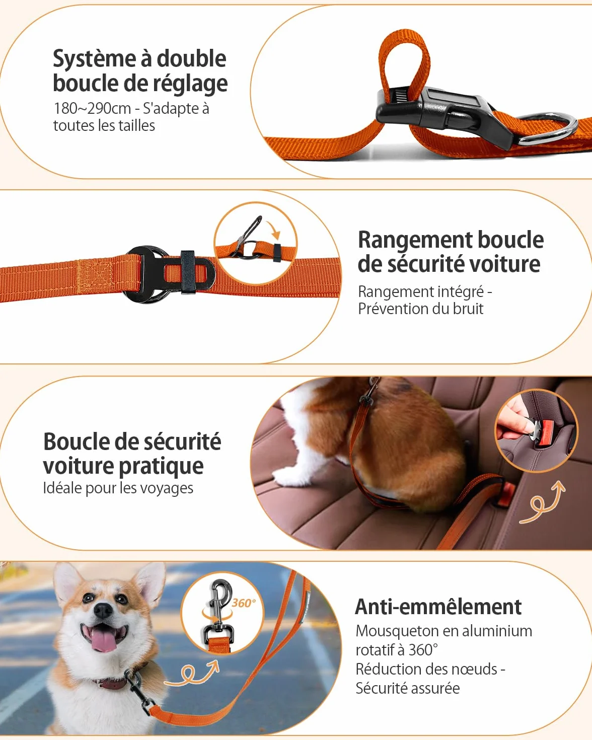 Harnais de Marche Main Libre pour Chien - Laisse Multifonctionnelle Renforcée 2.9m Réglable, Orange