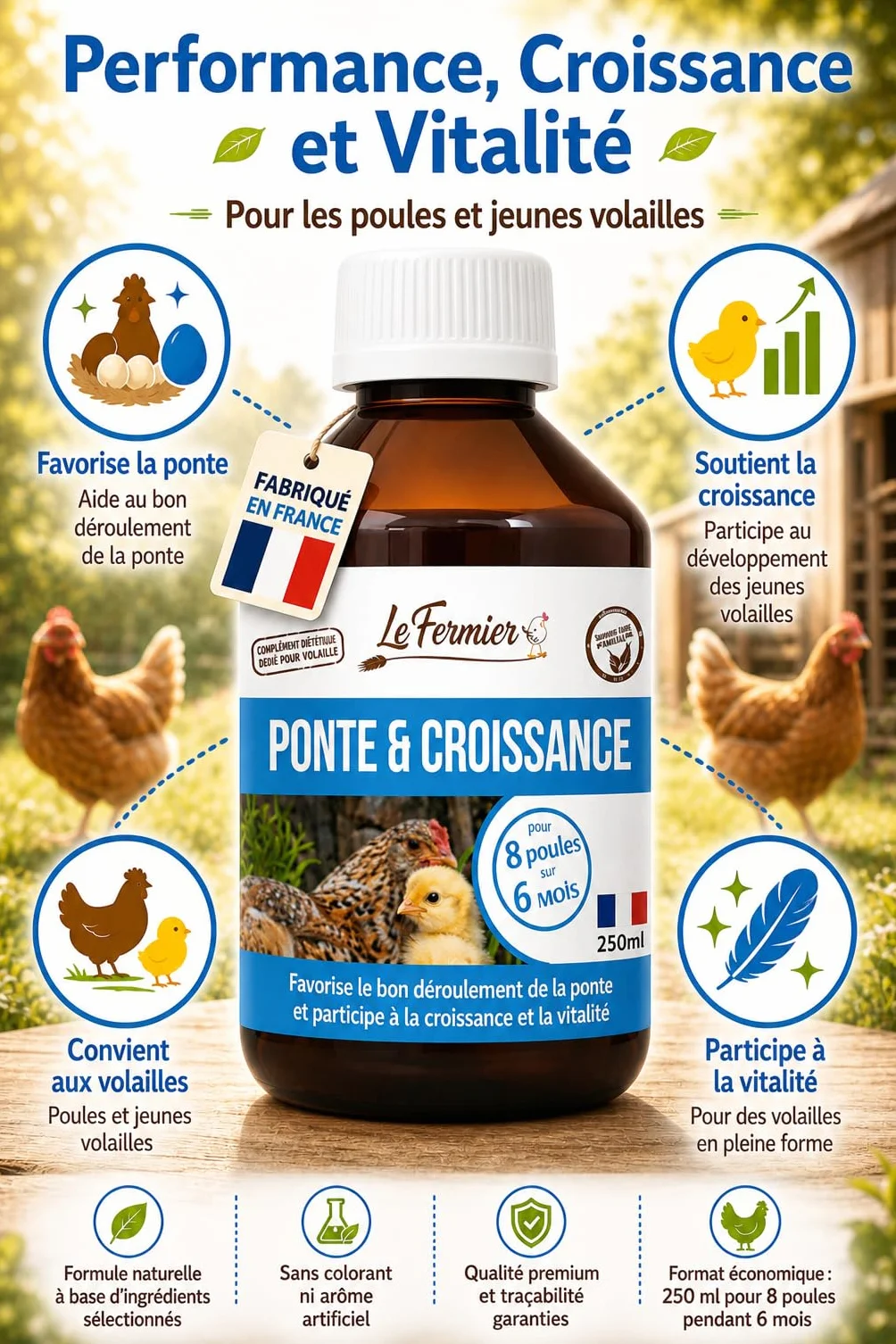 Ponte & Croissance 250 ML Complément Alimentaire Liquide pour Poules et Volailles