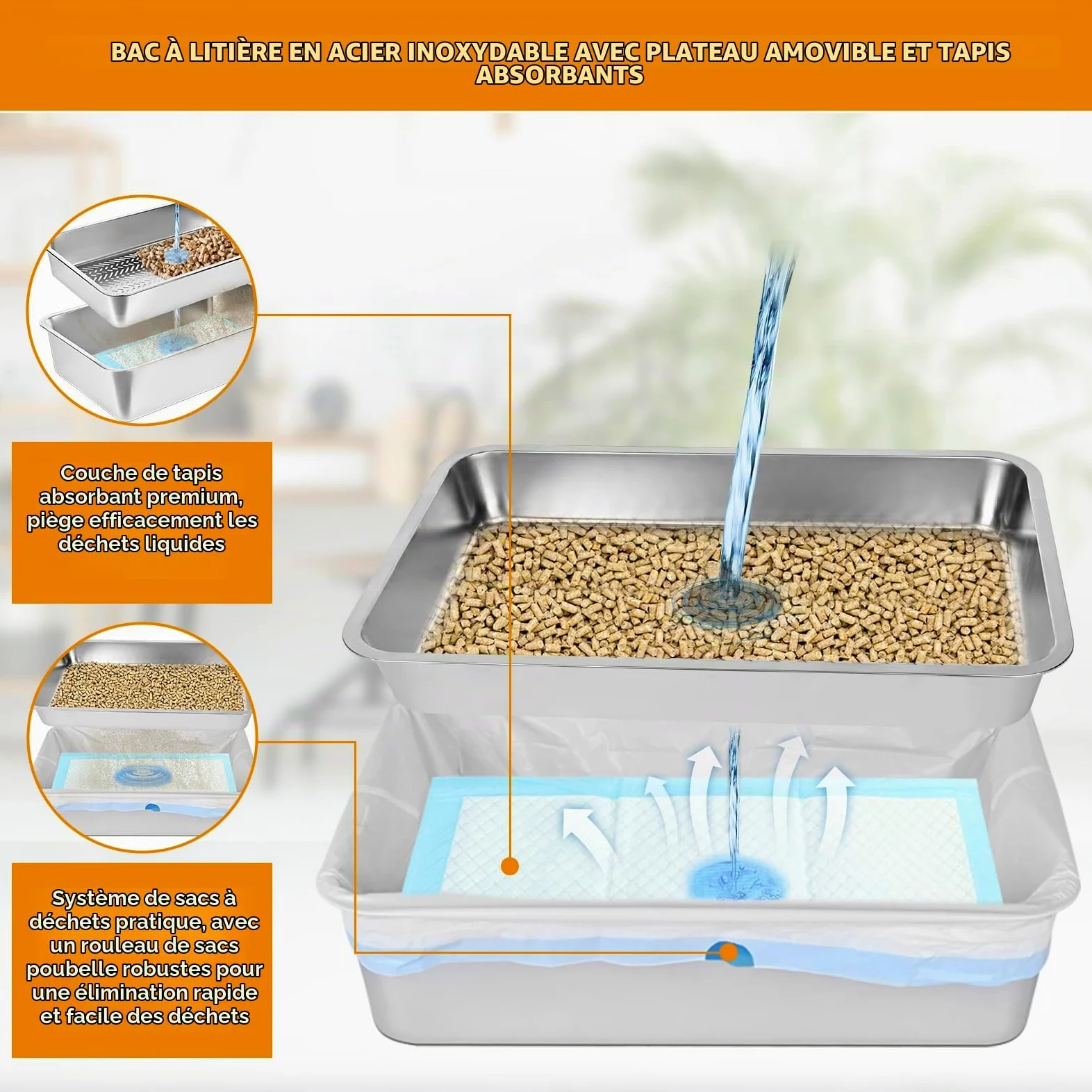Homegroove Litière pour chat en acier inoxydable pour granulés de pin - 60 x 40 x 15 cm - Bord haut - Litière en métal avec couvercle - Pelle en plastique et 10 tampons d'urine (15,2 cm)