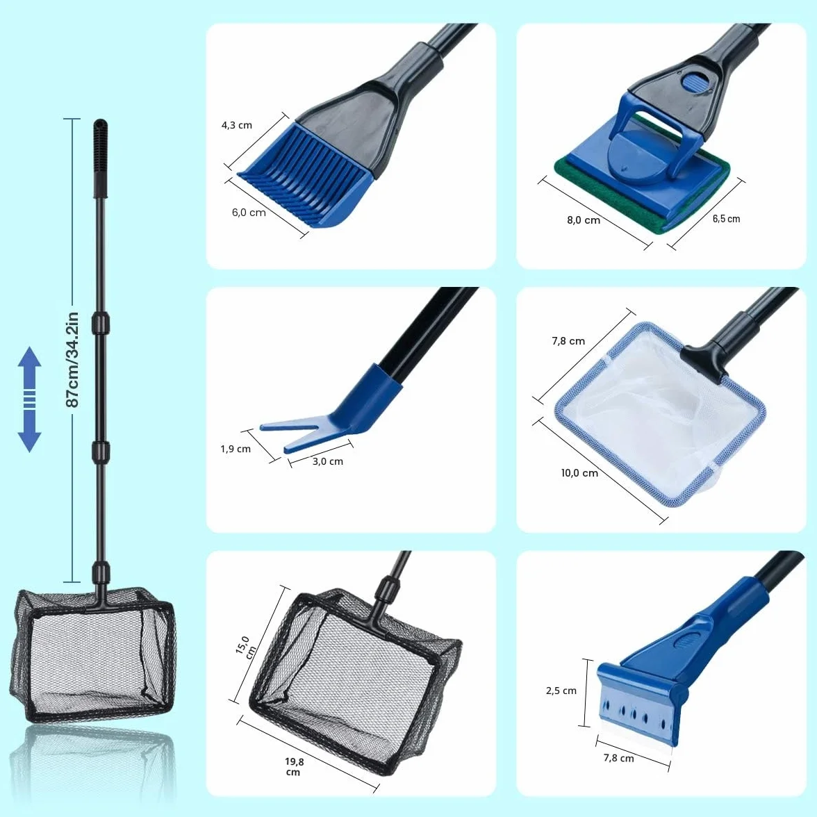 Kit de nettoyage d'aquarium 6 en 1 avec épuisette, râteau à gravier, pince à plantes, raclette, éponge et connecteur