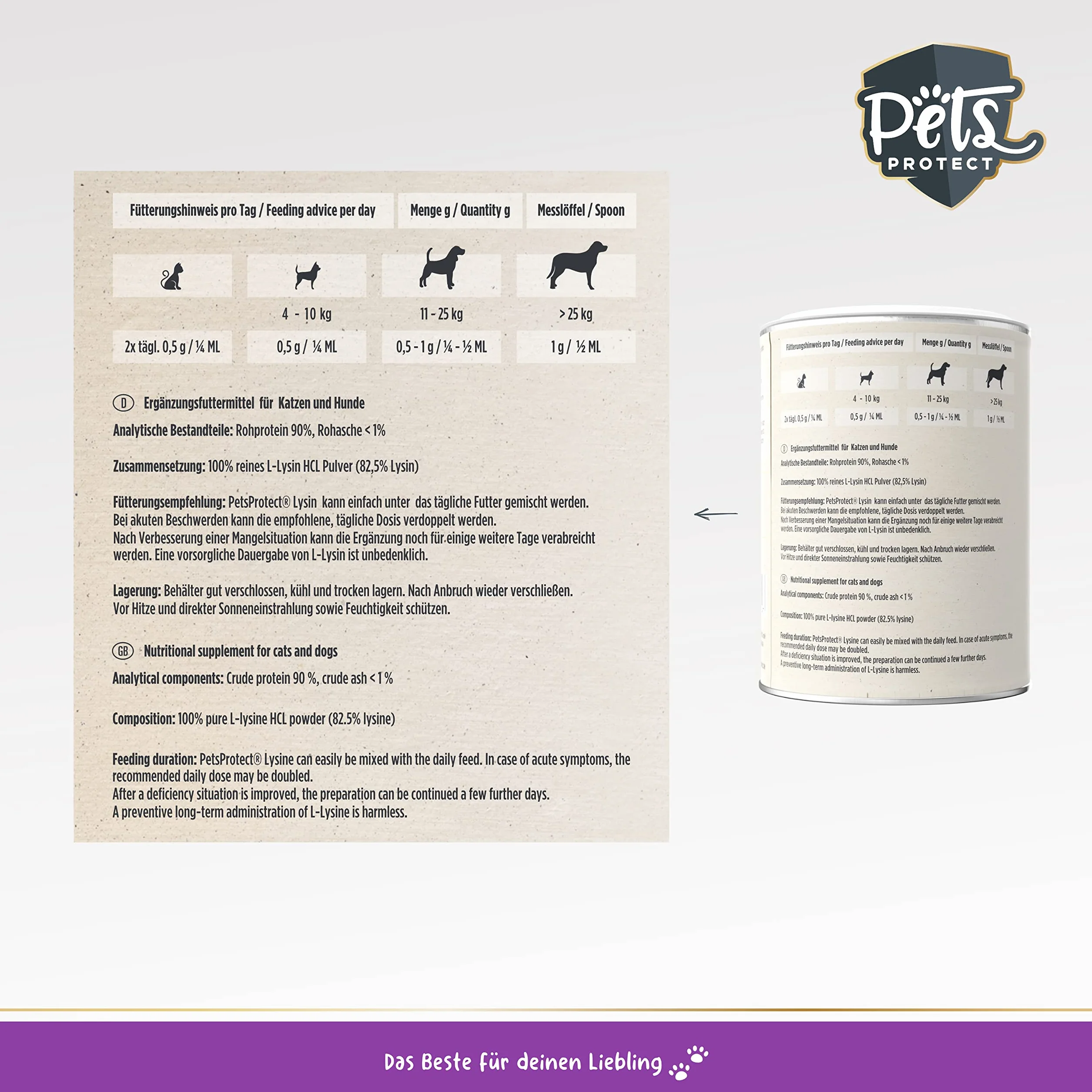 Pets PROTECT Lysine 100% Pur Poudre 150 g pour Chats & Chiens Contre Le Coryza du Chat