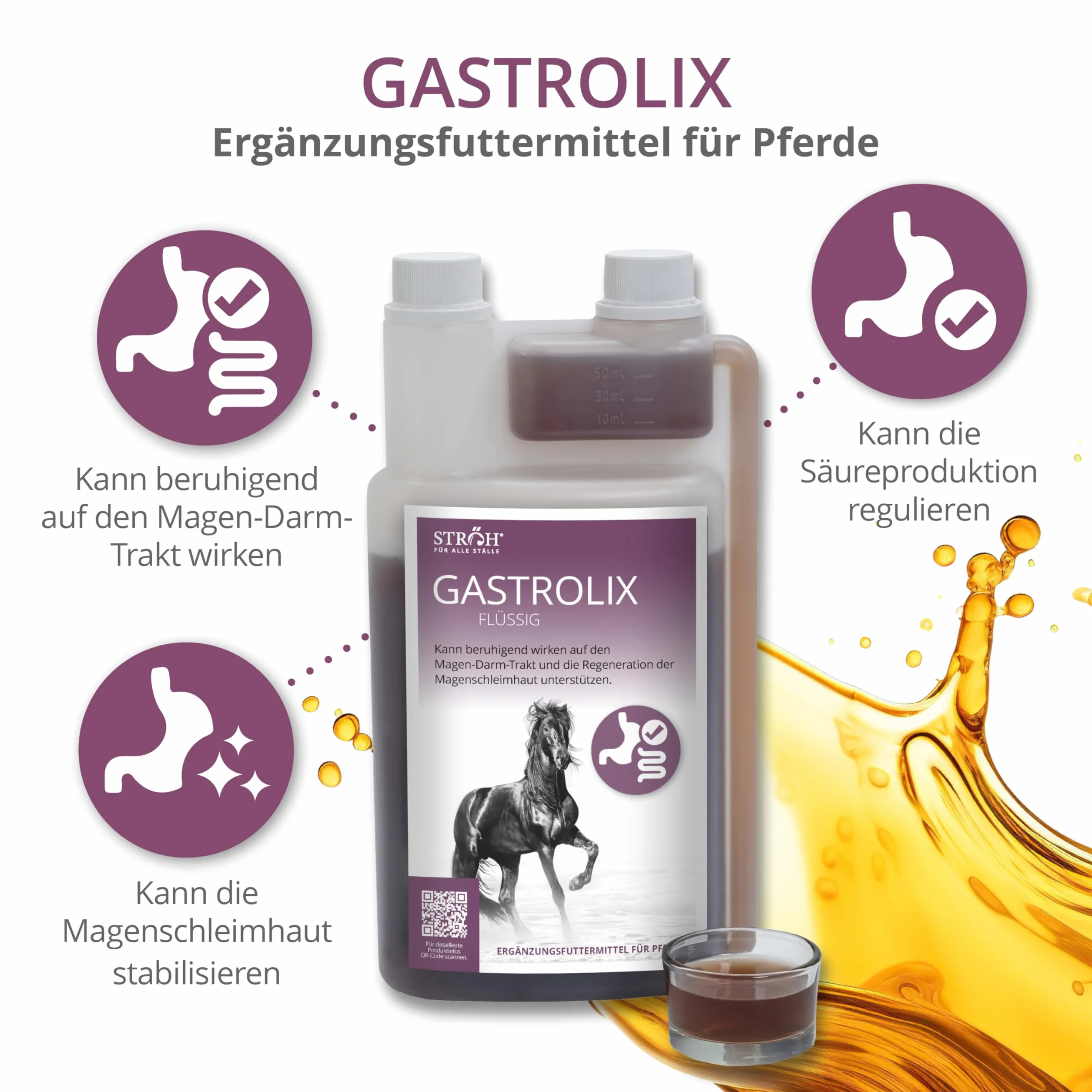 STRÖH Gastrolix (1 l) • Stabilisation du tractus gastro-intestinal pour chevaux • Herbes gastriques pour chevaux • Jus gastrique pour chevaux sans sucre • Protection naturelle de l'estomac pour les