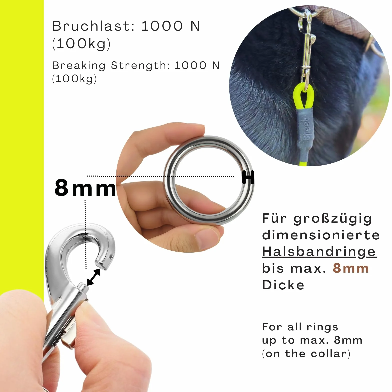 Laisse pour chien de 15 m - Étanche - Ronde - Sans boucle - Laisse d'entraînement sûre - Jaune fluo - Jusqu'à 35 kg