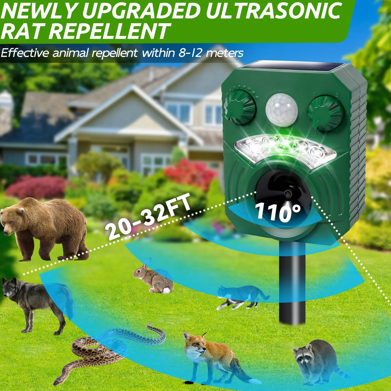 Répulsif Chat Ultrason Solaire avec Détecteur de Mouvement Anti Chiens Rongeurs
