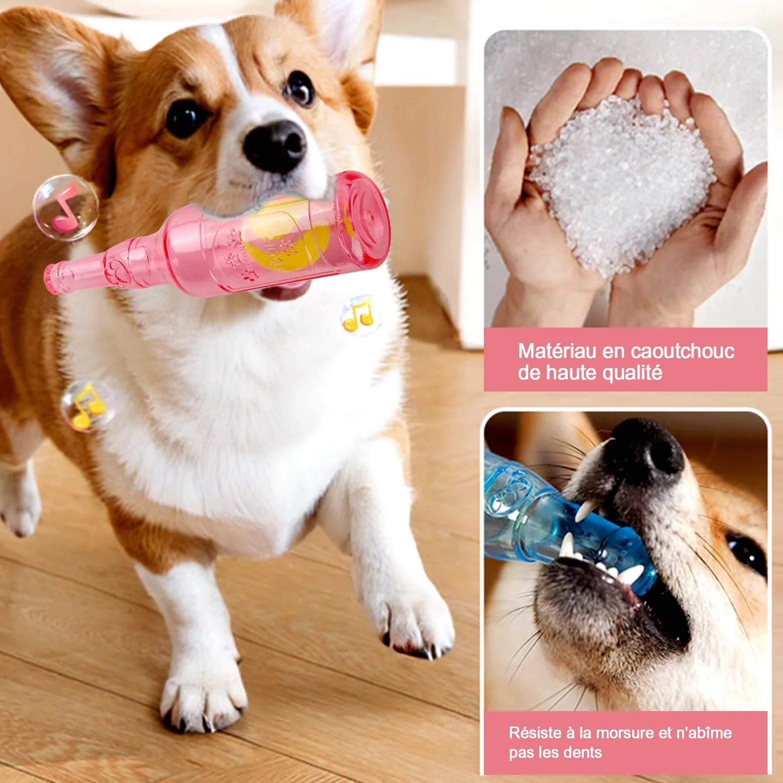 Jouet chien caoutchouc bouteille couinement, jouet interactif résistant morsure chiots petits moyens chiens rose