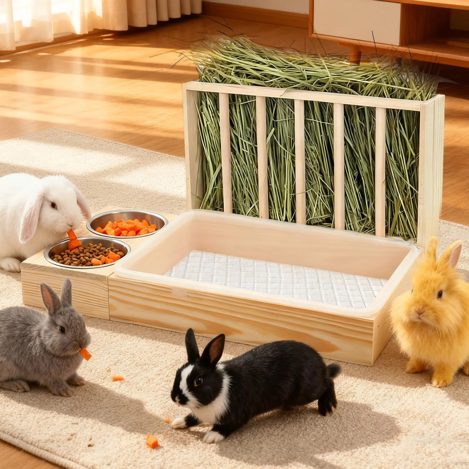 Râtelier à Foin en Bois pour Lapins Cochons d'Inde Hamsters avec Toilettes et Gamelle