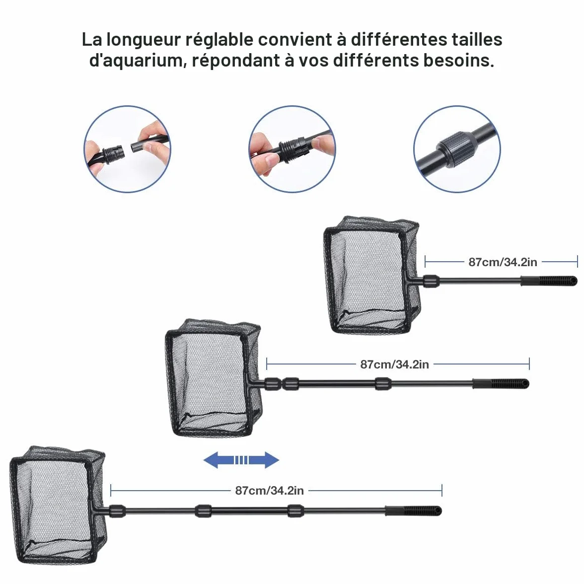 Kit de nettoyage d'aquarium 6 en 1 avec épuisette, râteau à gravier, pince à plantes, raclette, éponge et connecteur
