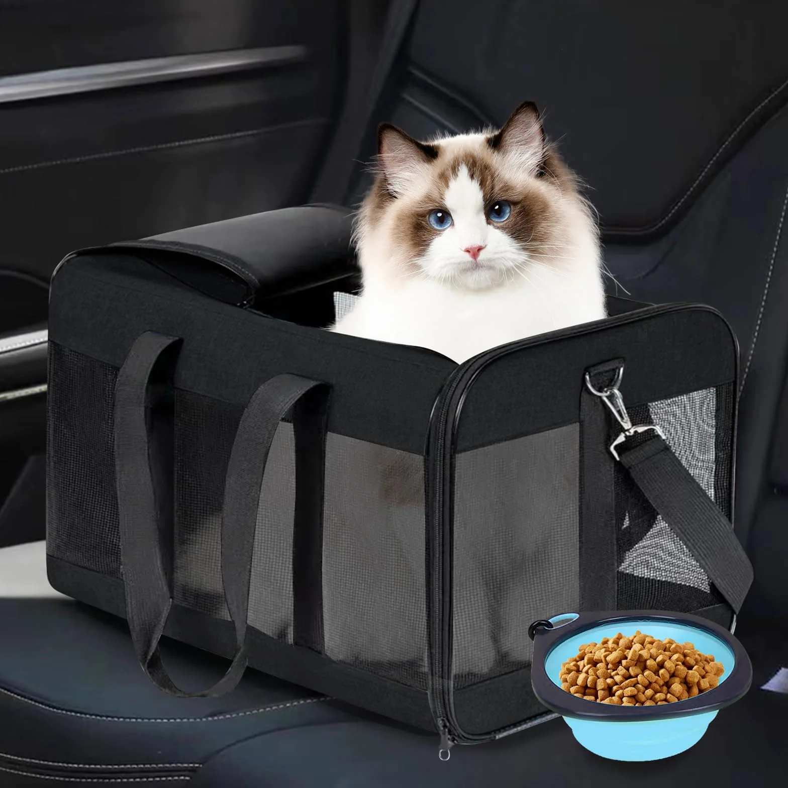 Sac de transport MEYAGOT pour chat et chien, pliable, respirant, avec gamelle, pour voyage, visites vétérinaires et sécurité temporaire, en tissu Oxford beige, jusqu'à 9 kg
