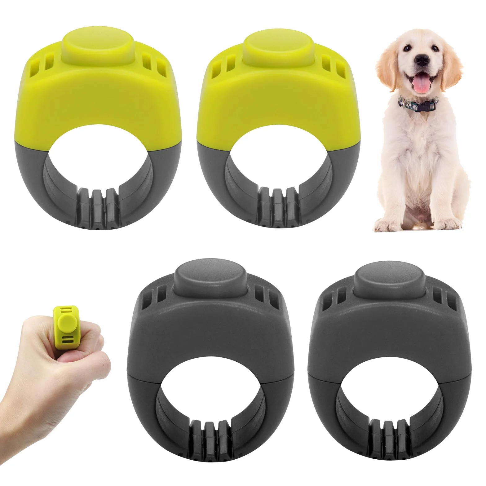 4X Clickers Chien et Chat (19mm/21mm) en Vert et Gris, Accessoire Pratique pour Dressage Chien et Chat, Clicker en Anneau pour Doigt pour Entraînement, Tours et Rappel