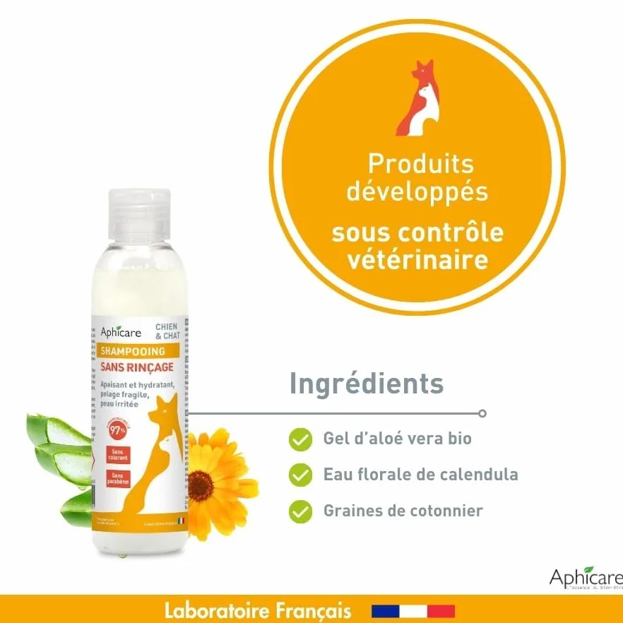 Shampooing Doux sans rinçage 200 ML Chien Chat Apaisant Hydratant 97% d’Origine Naturelle Fabrication française