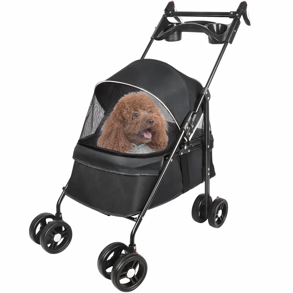 Poussette pour Chien 25 Kg avec Sac de Rangement, Housse de Pluie et Porte-gobelet - Pet Stroller Buggy 50x70x95cm Noir